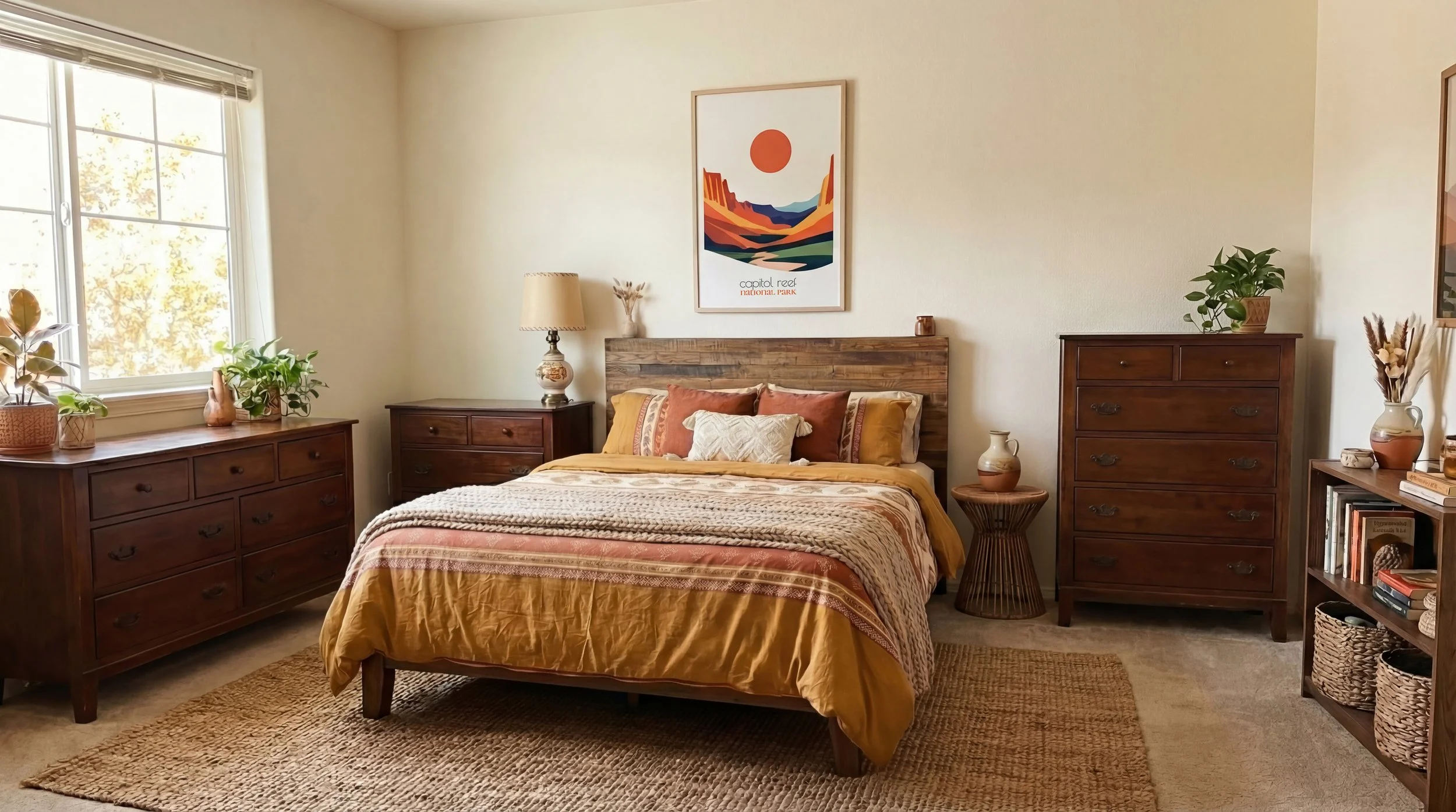 Minimalist abstract Capitol Reef National Park poster in mid century modern bedroom. Clean bold desert canyon wall art.