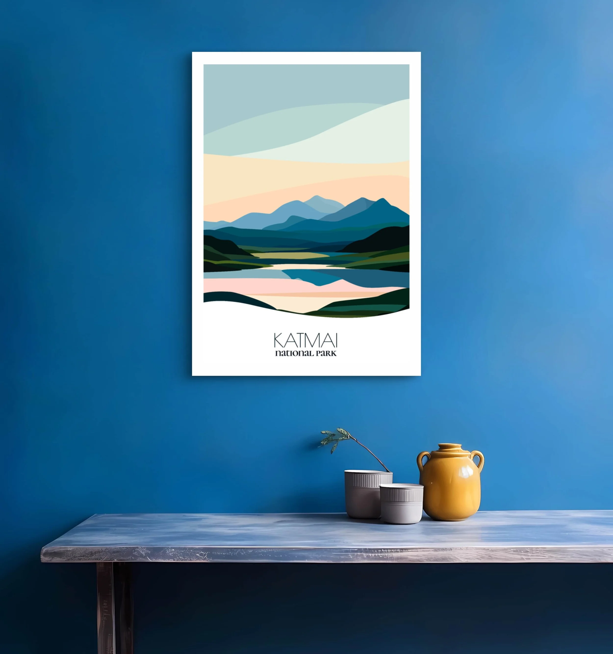 Bedroom print of Katmai National Park with calming minimalist composition for Alaska homes.