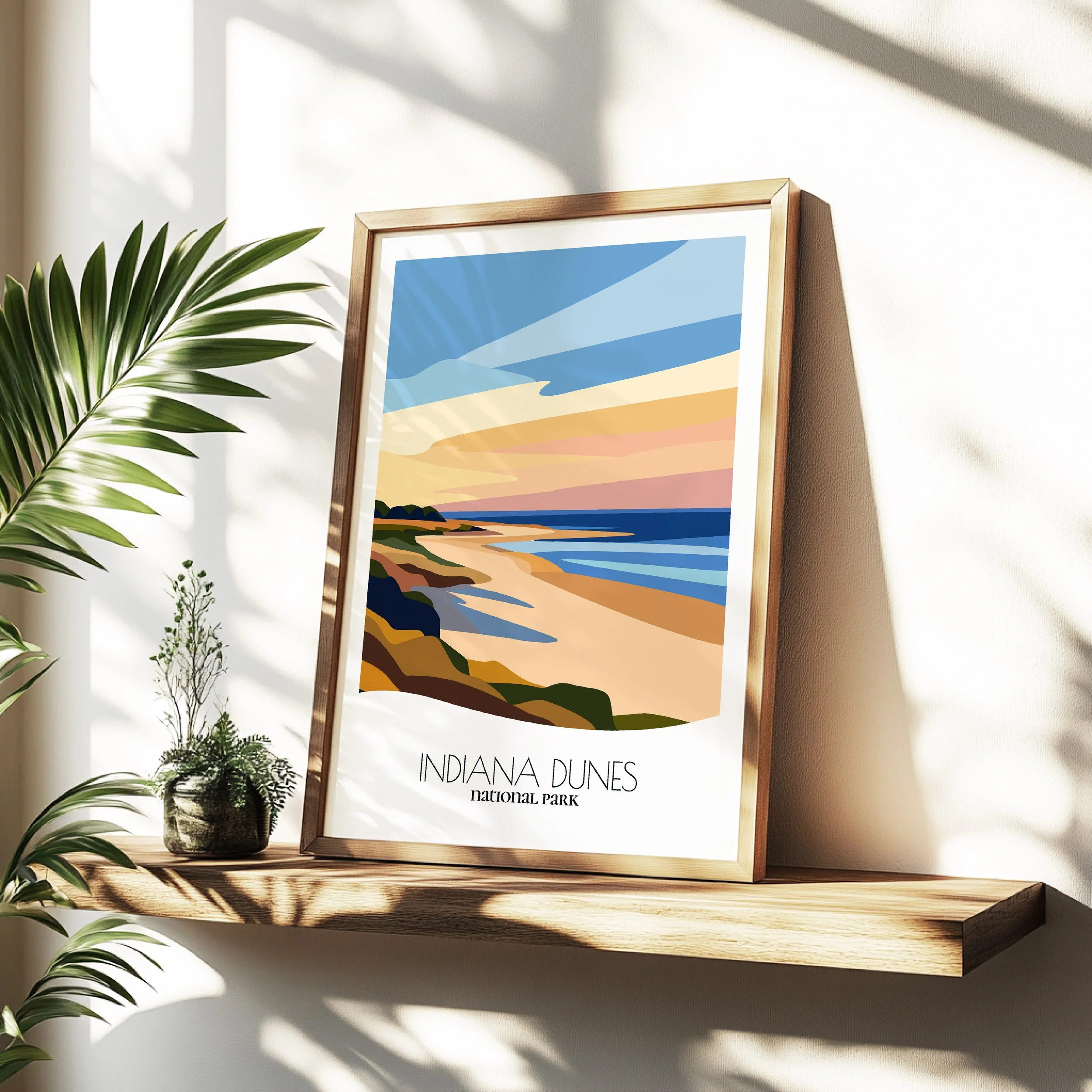 Minimalist travel poster of Indiana Dunes National Park with clean modern design for travelers.