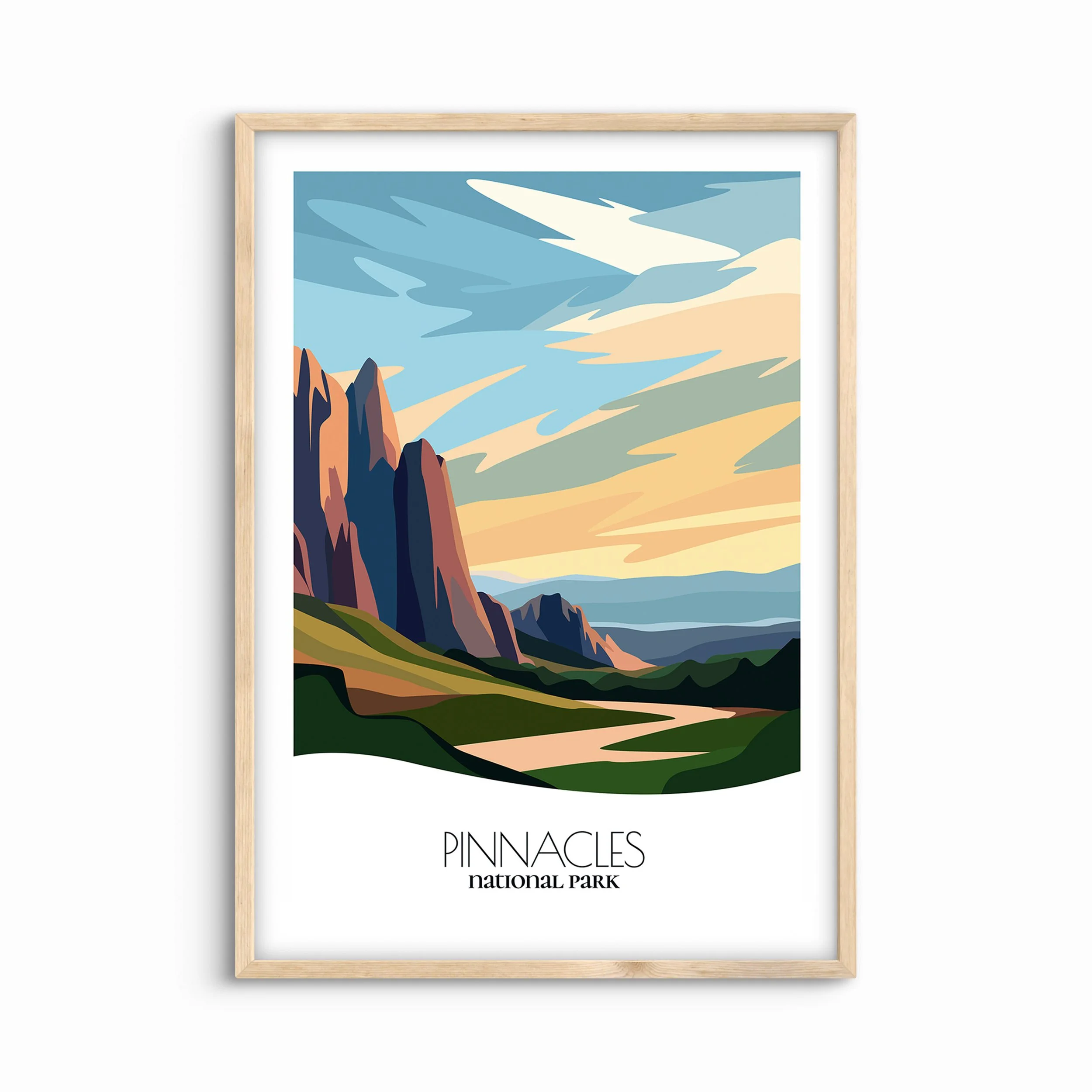 Minimalist travel poster of Pinnacles, perfect gift for visitors in California.