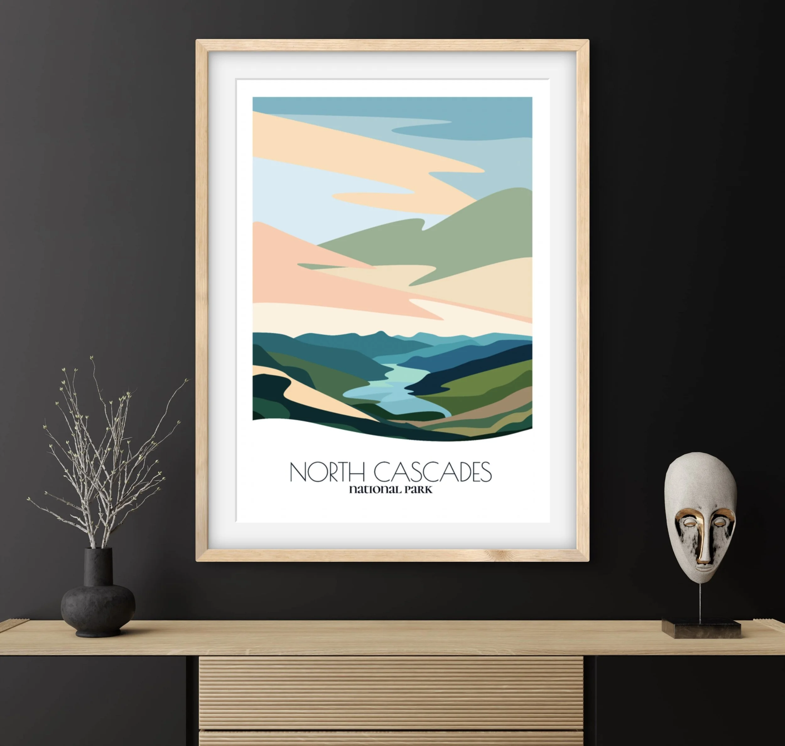 Bedroom print of north cascades with calming minimalist composition for Washington homes.