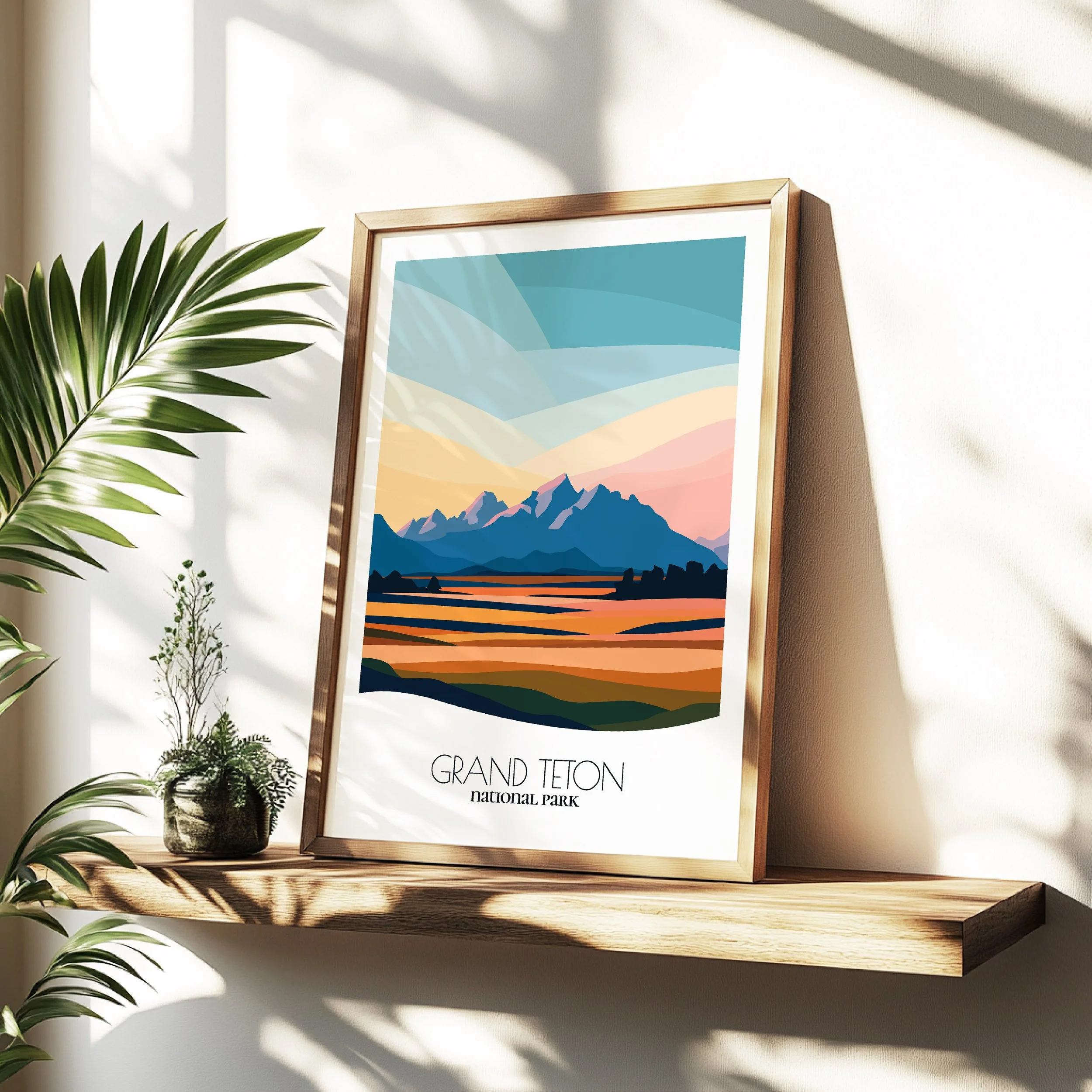 Minimalist travel poster of Grand Teton National Park with clean modern design for travelers.