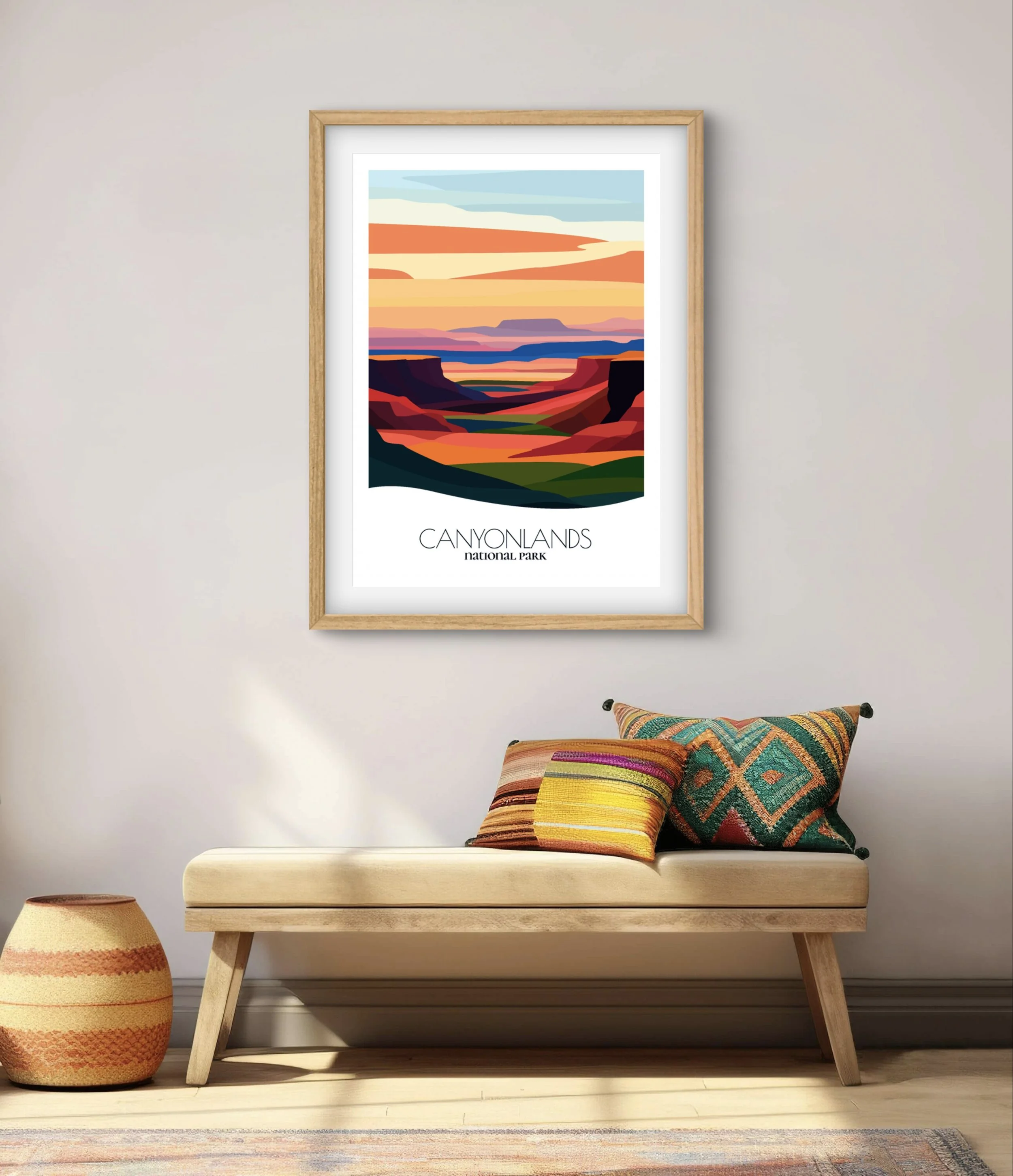 Modern minimalist art of Canyonlands National Park, versatile decor for home and office.