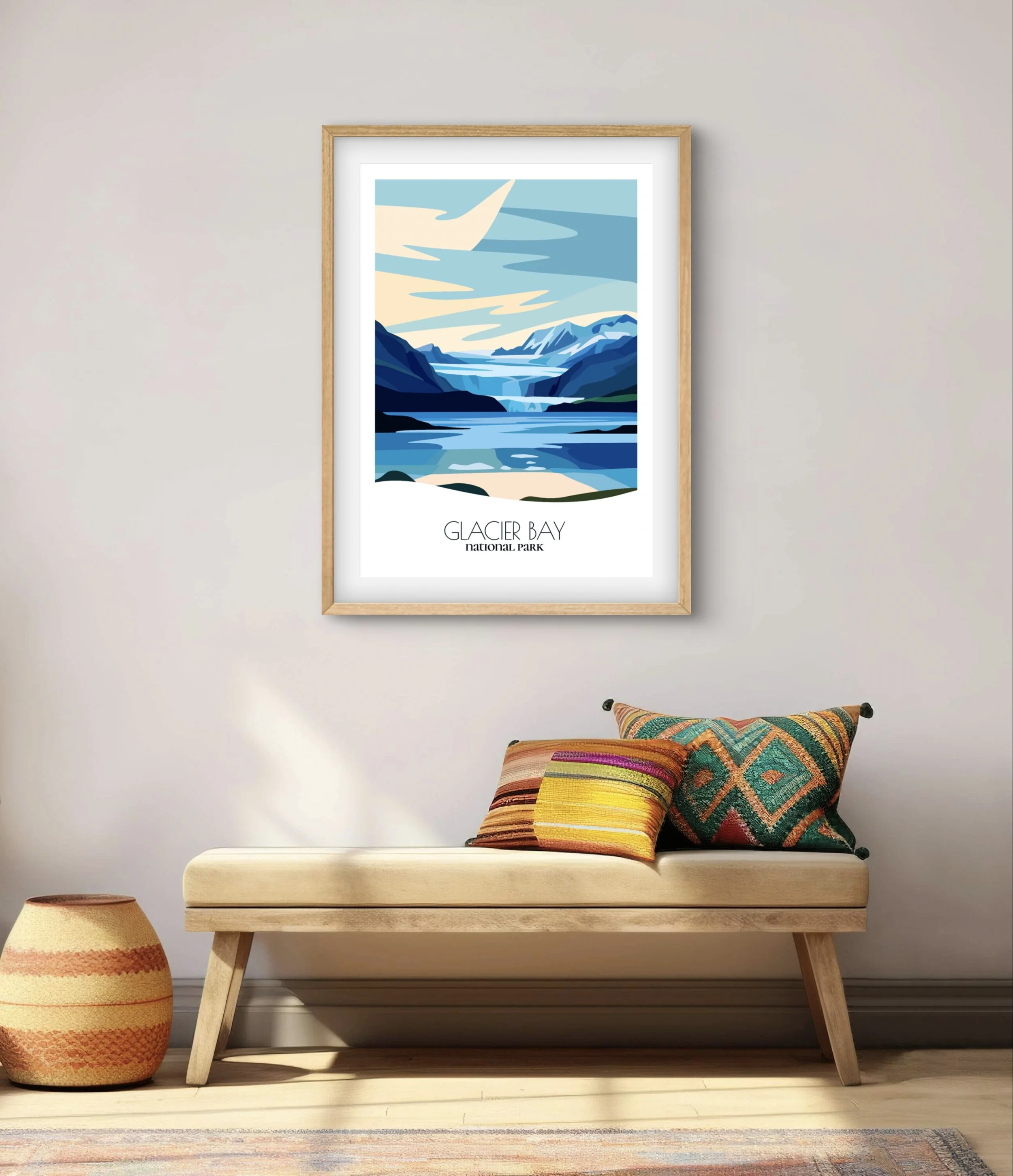 Modern minimalist art of Glacier Bay National Park, versatile decor for home and office.