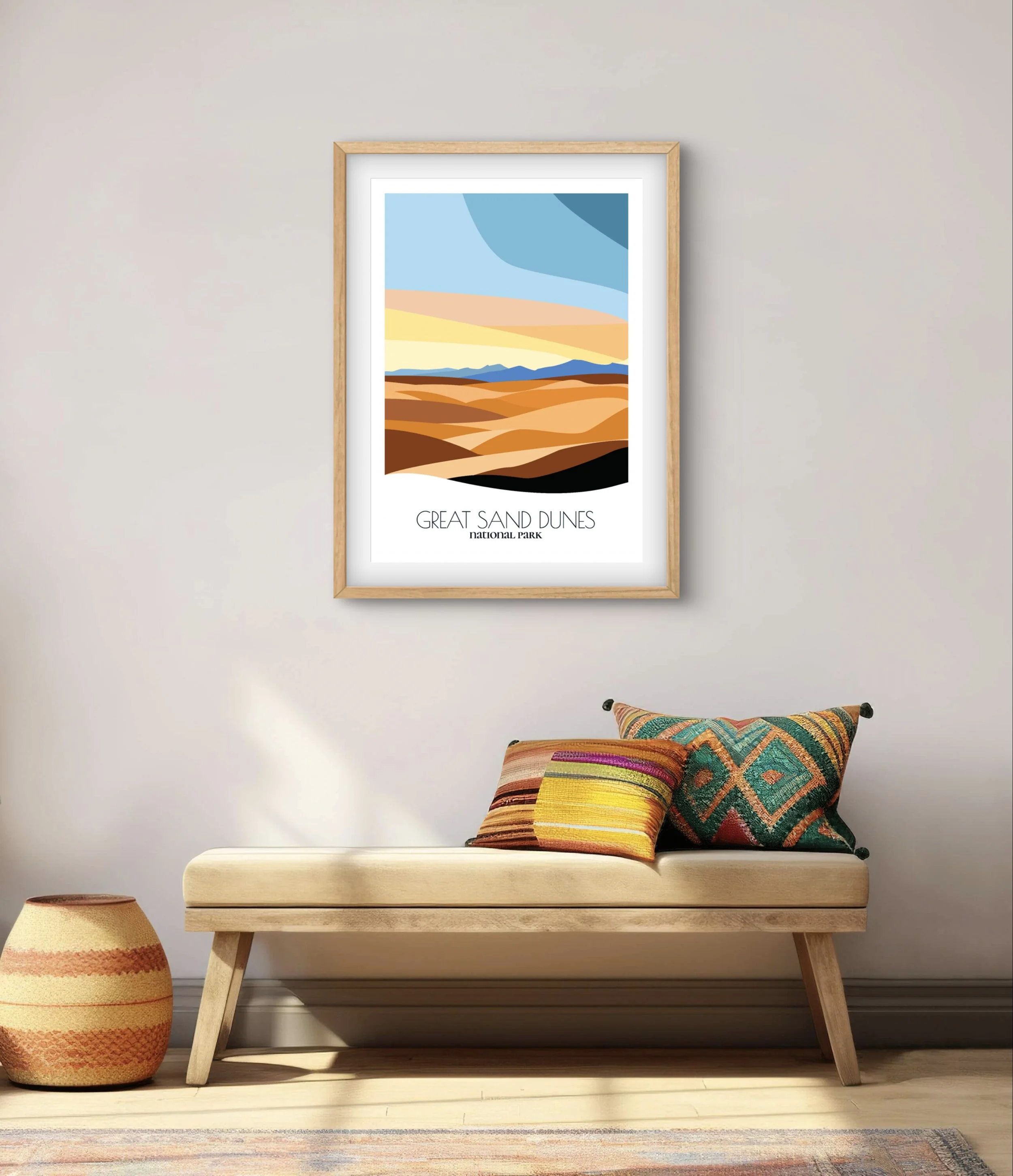 Modern minimalist art of Great Sand Dunes National Park and Preserve, versatile decor for home and office.