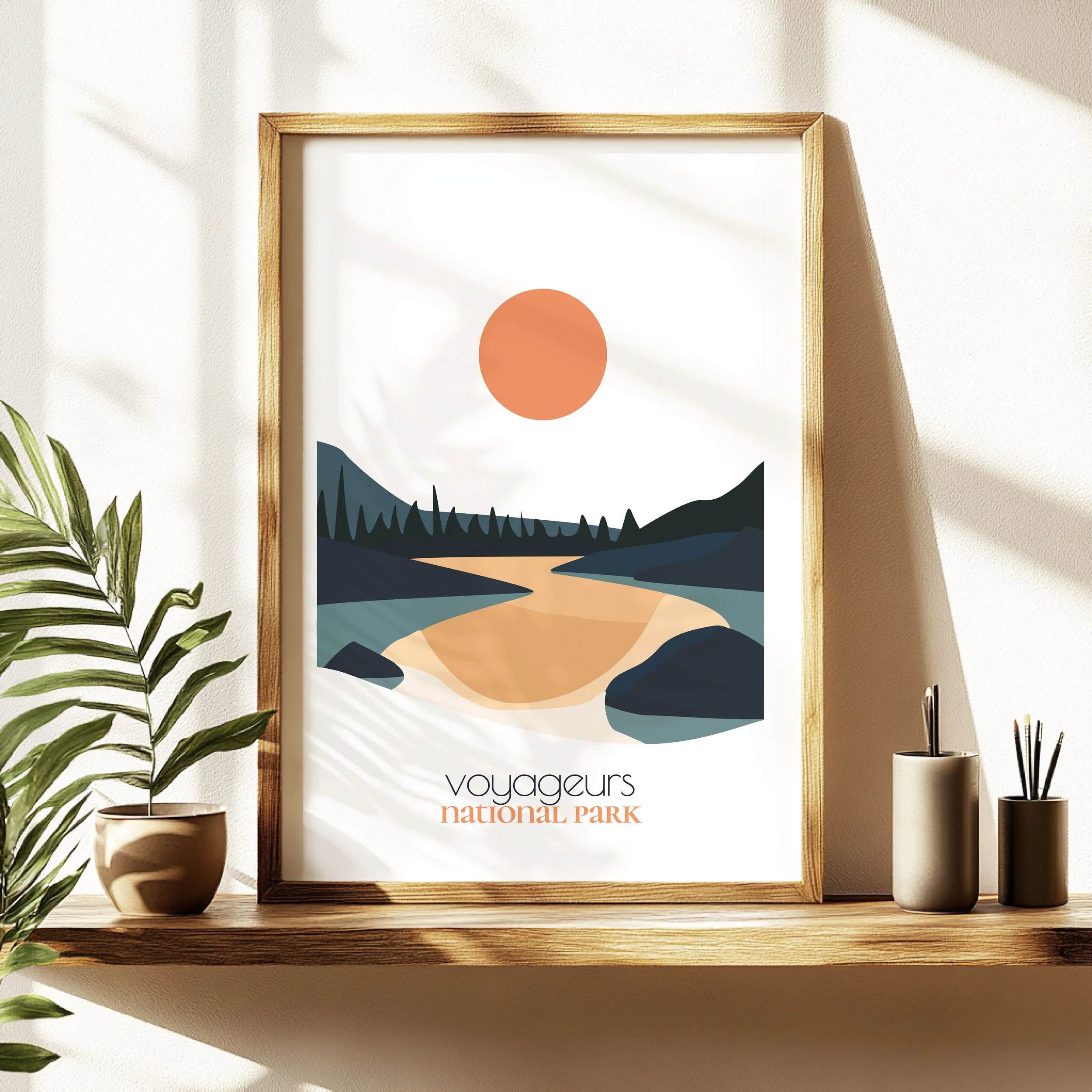 voyageurs travel poster in a minimalist living room design