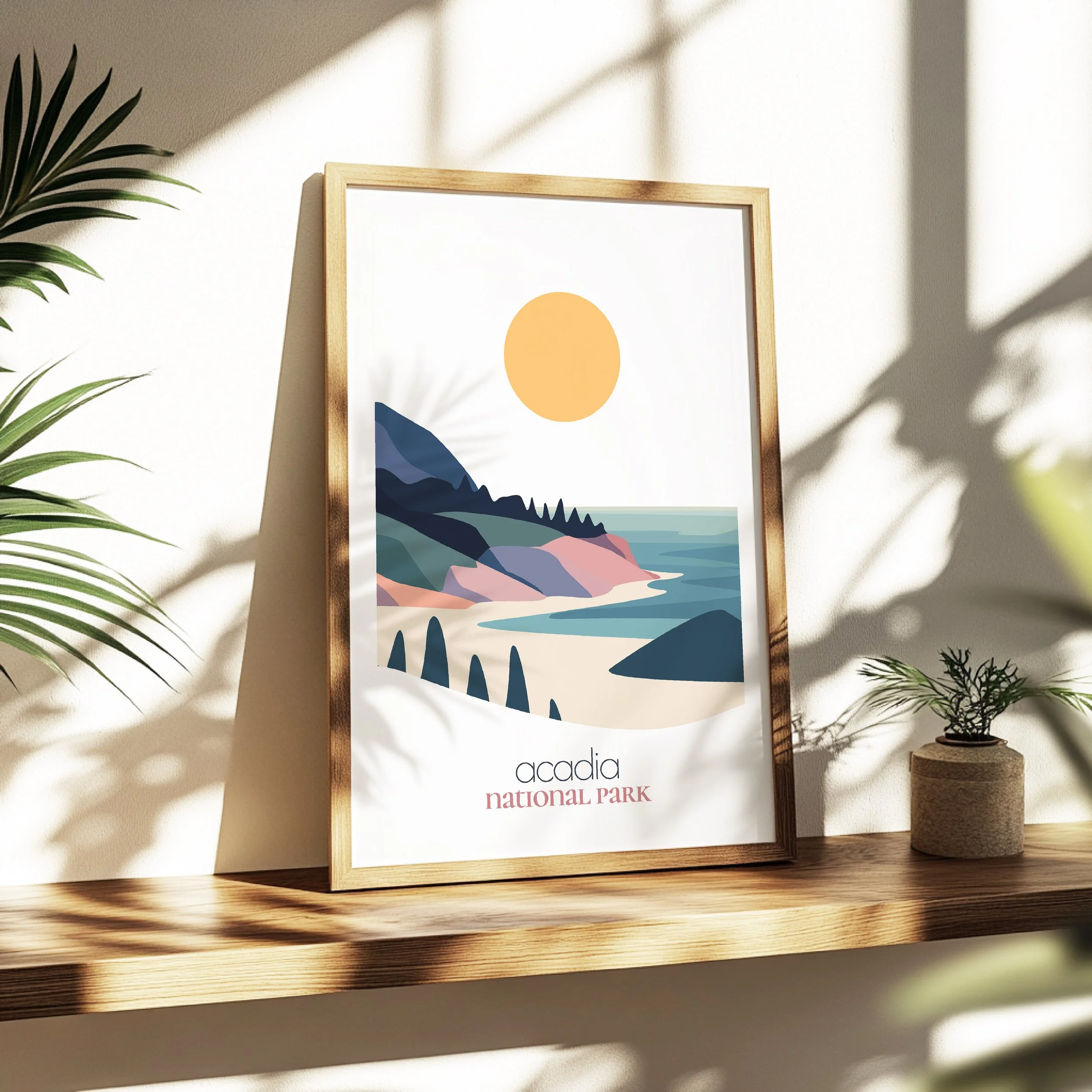 Acadia national park print - soothing minimalist nature wall art for bedroom