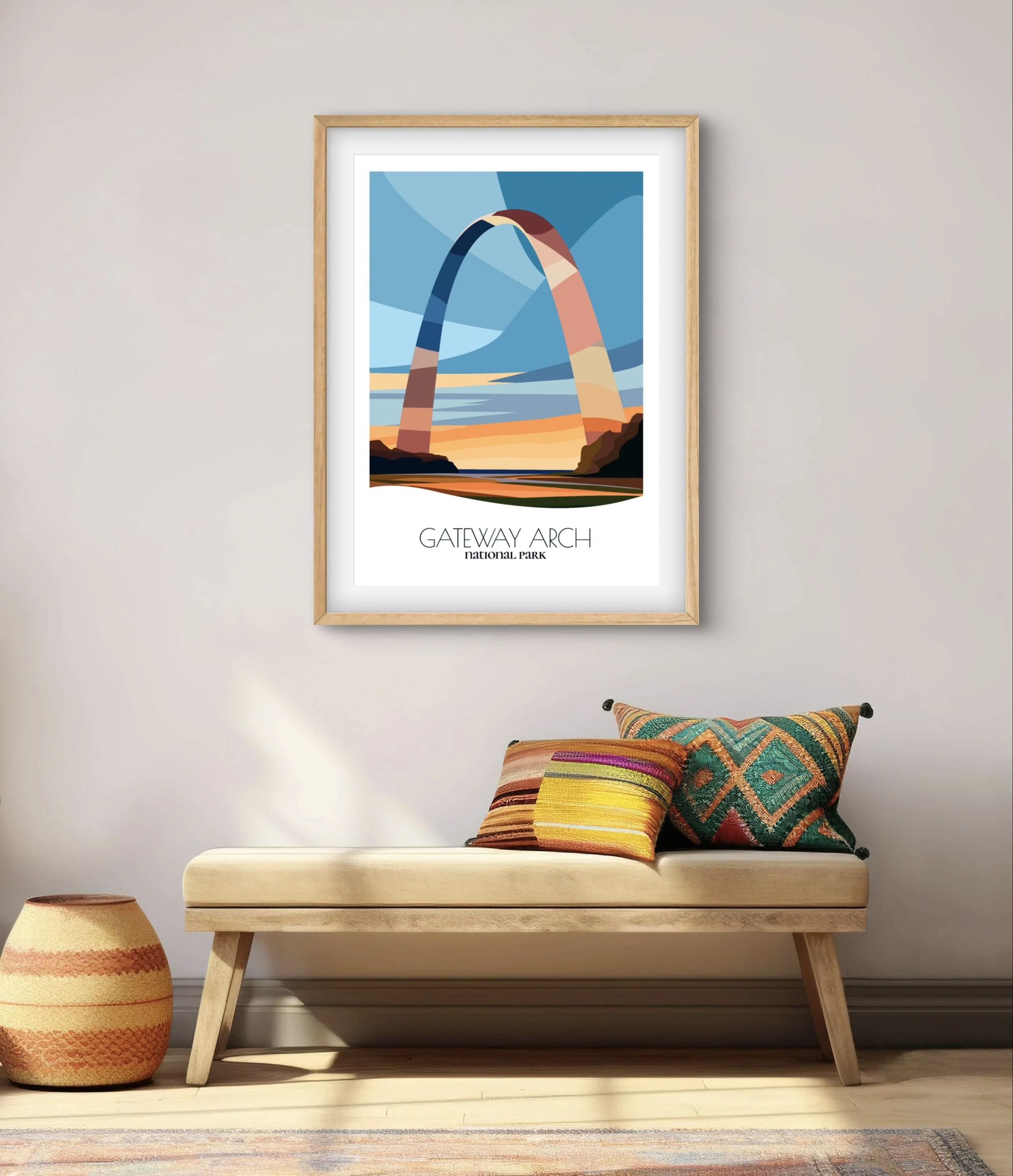Modern minimalist art of Gateway Arch National Park, versatile decor for home and office.