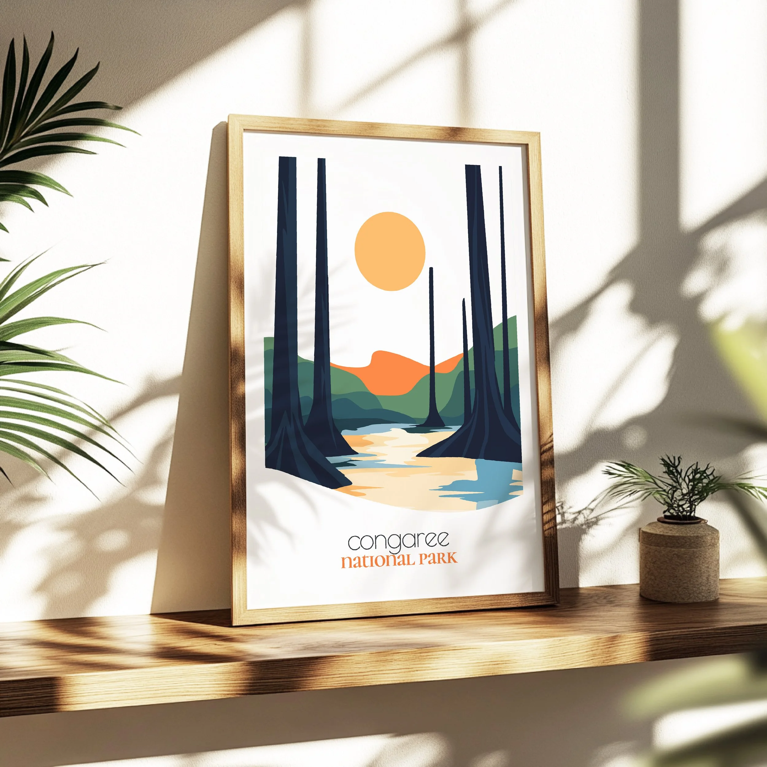 congaree national park print - soothing minimalist nature wall art for bedroom