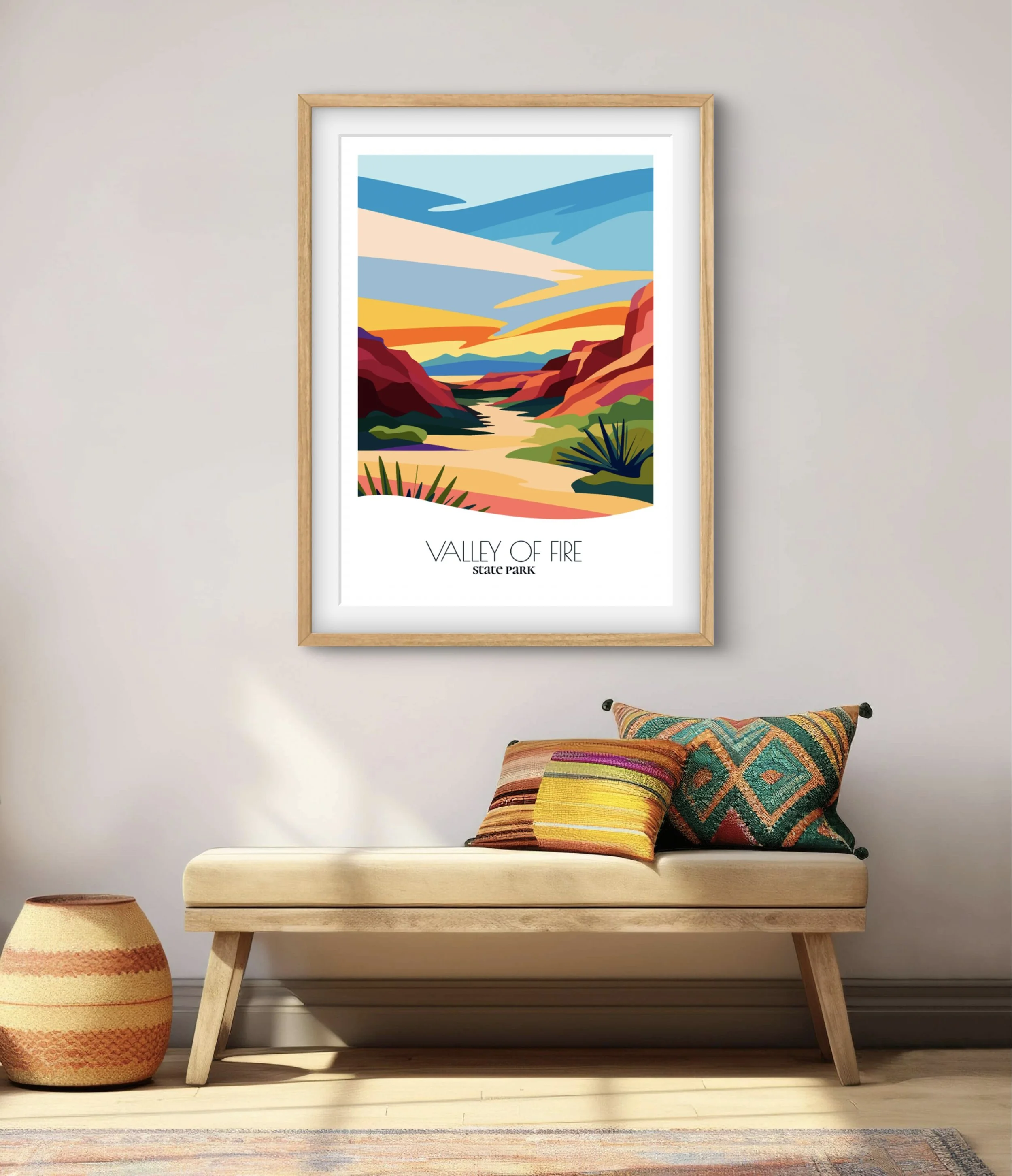 Modern minimalist art of Valley of Fire State Park, versatile decor for home and office.