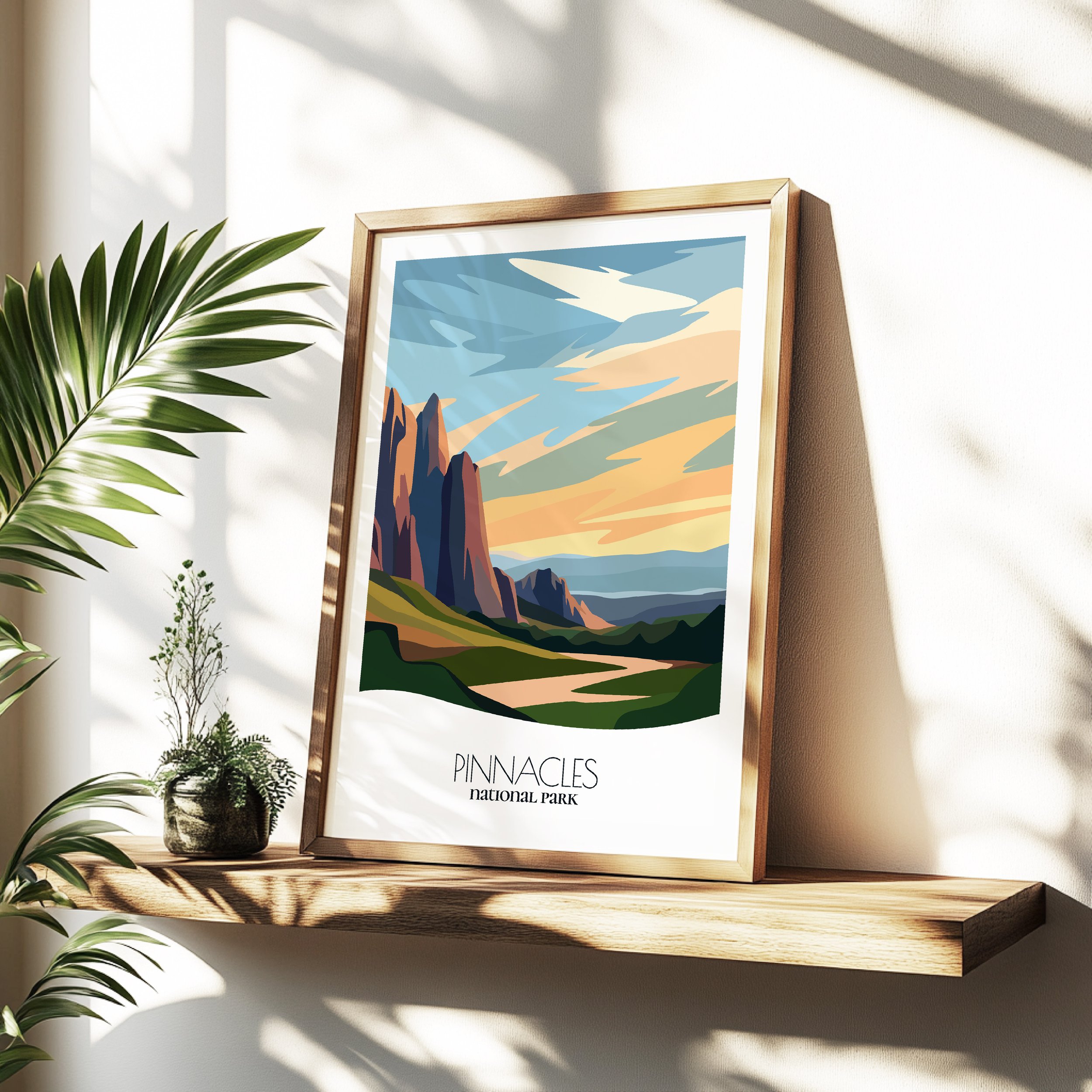 Minimalist travel poster of Pinnacles with clean modern design for travelers.