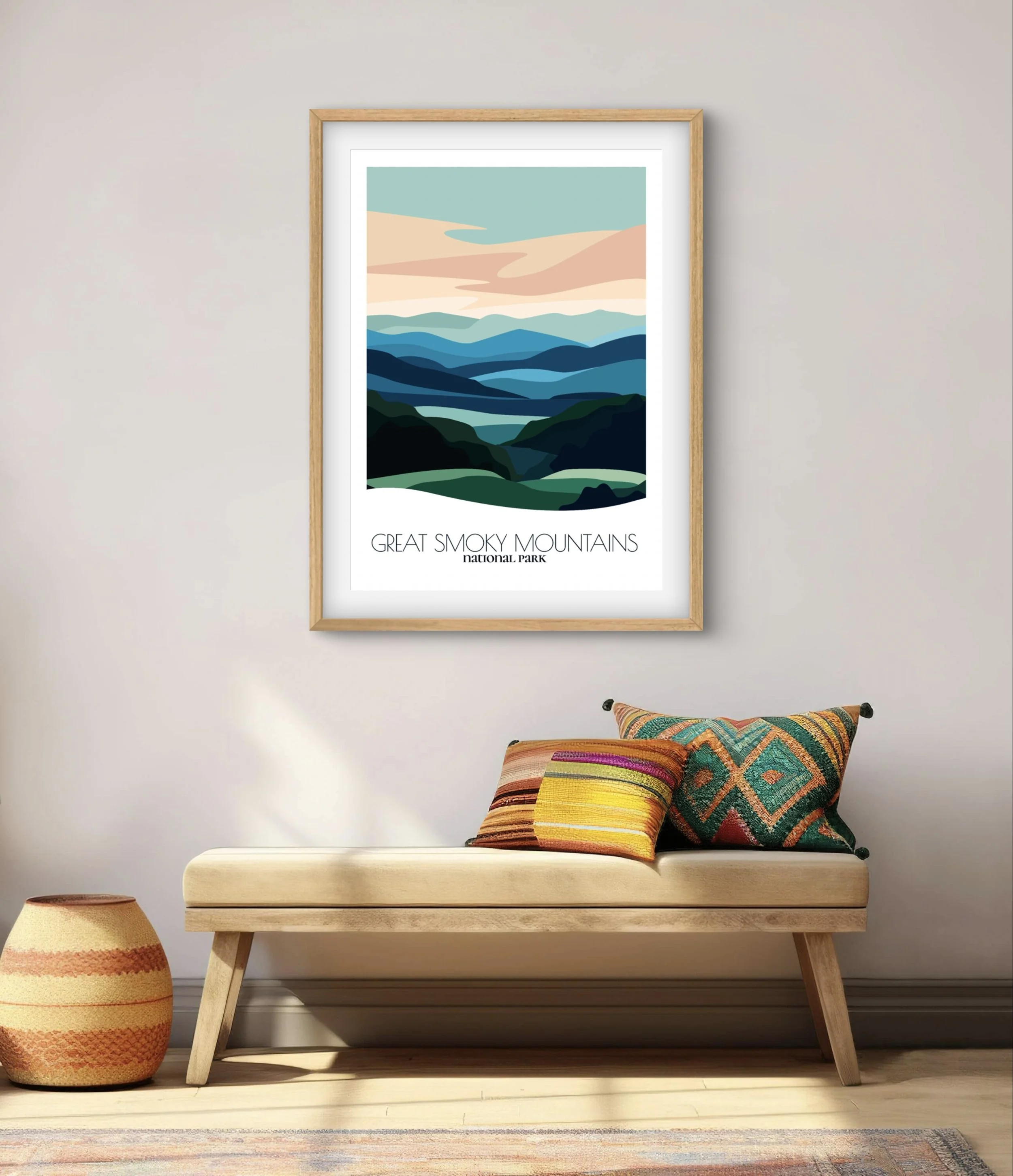 Modern minimalist art of Great Smoky Mountains National Park, versatile decor for home and office.