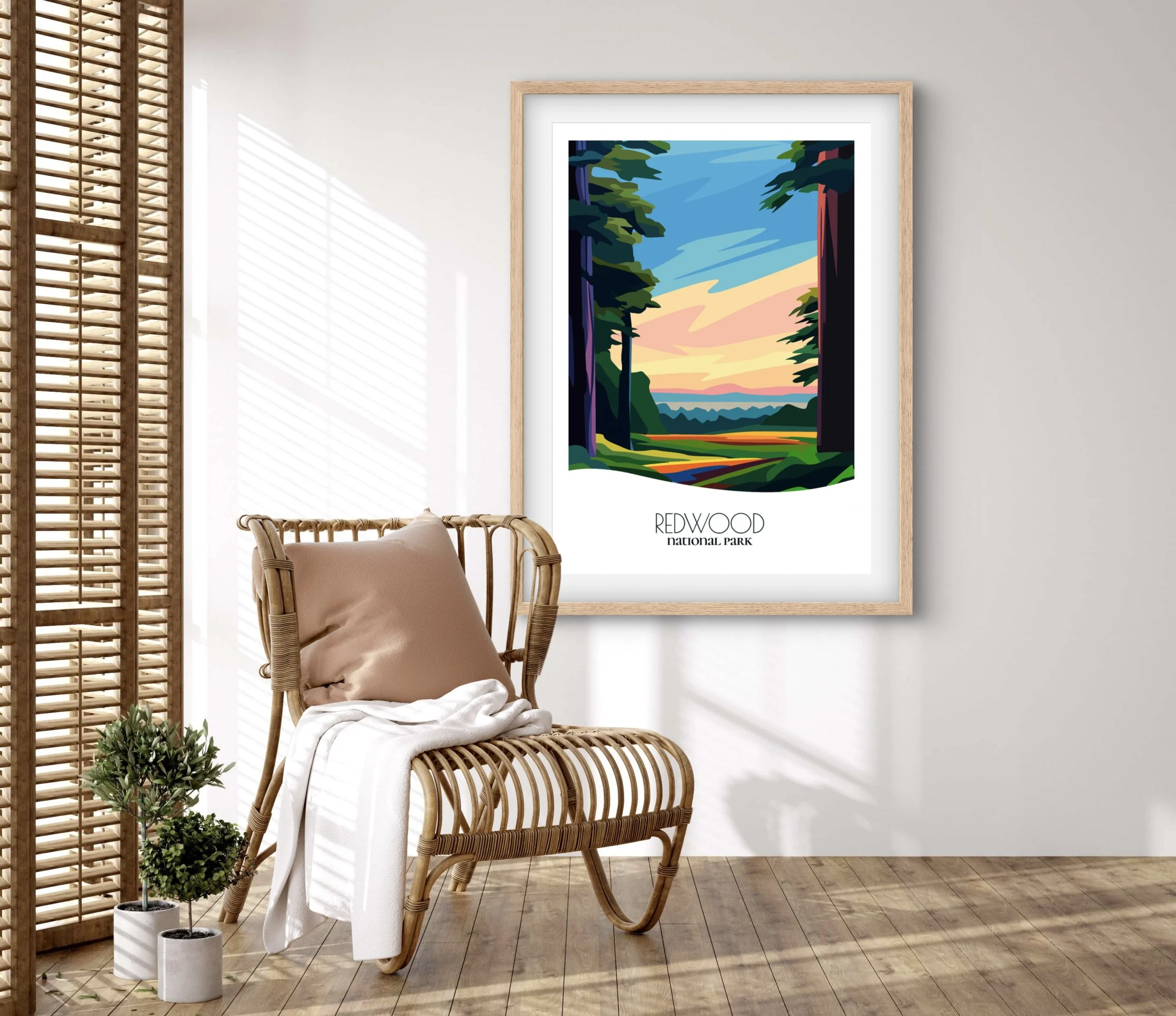 Retravell minimalist poster of Redwood, branded travel art for collectors and fans.