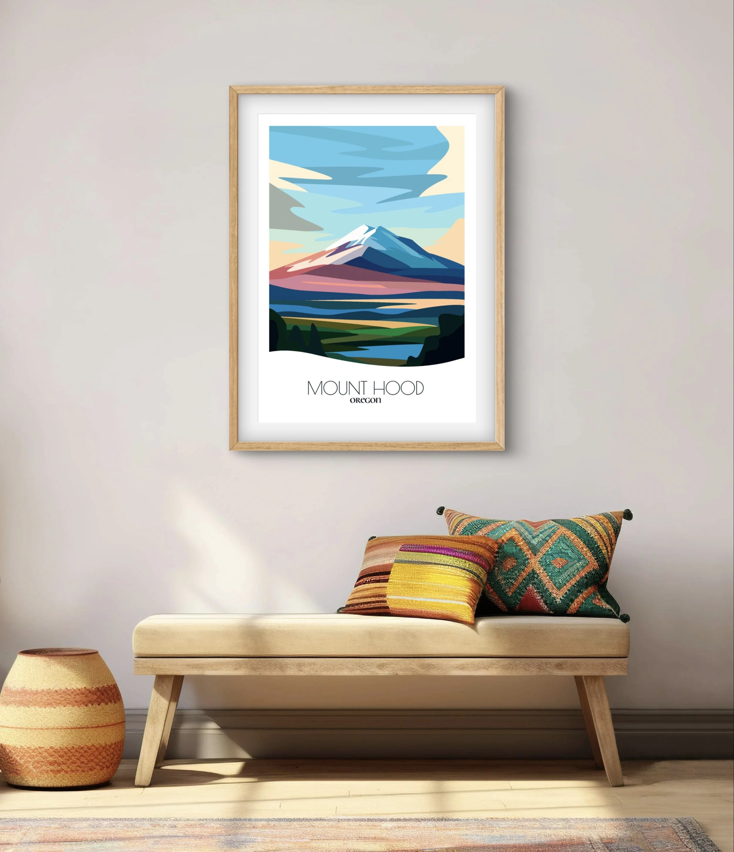 Modern minimalist art of Mount Hood National Forest, versatile decor for home and office.