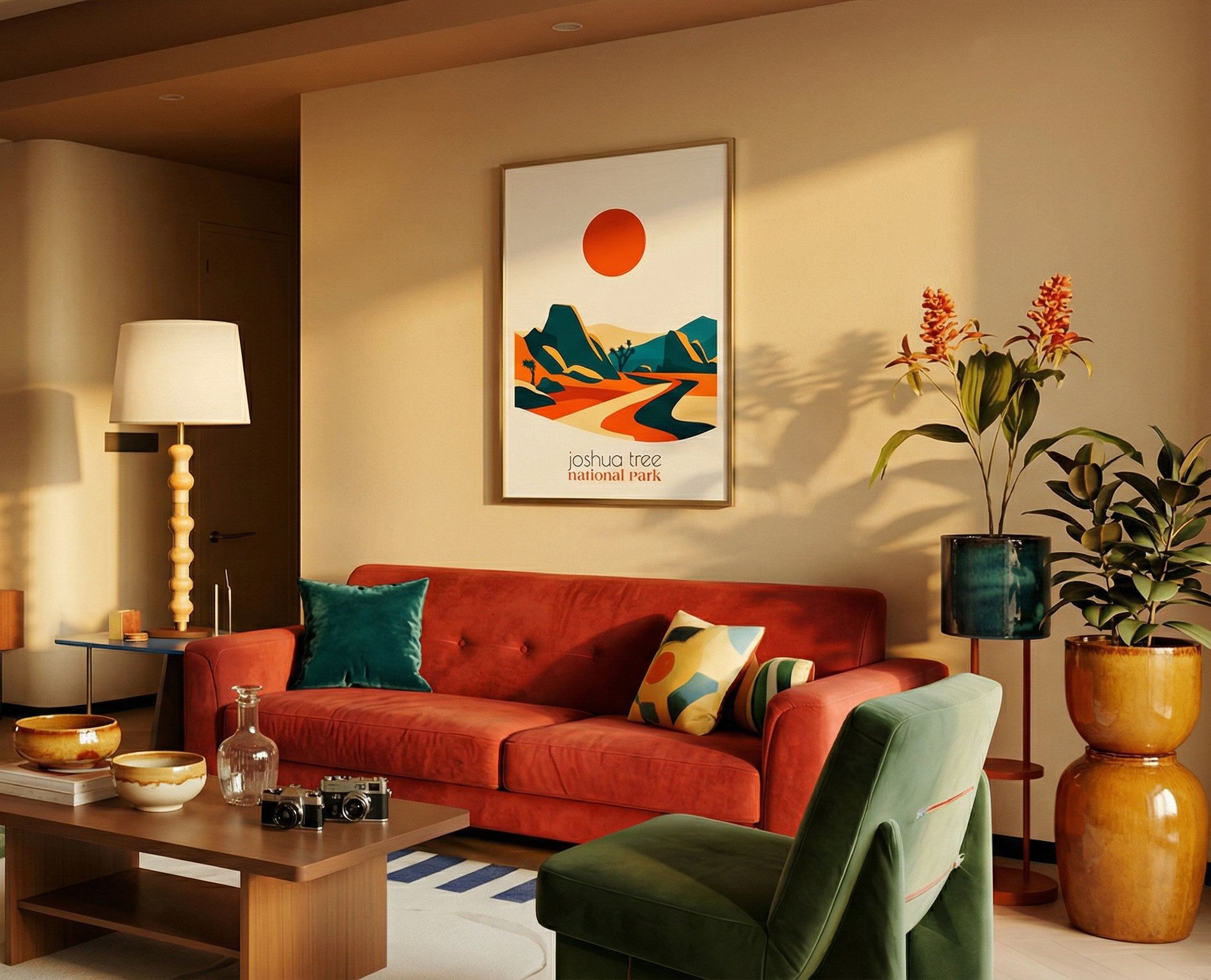 Minimalist abstract Joshua Tree National Park poster in living room. Clean bold desert wall art.