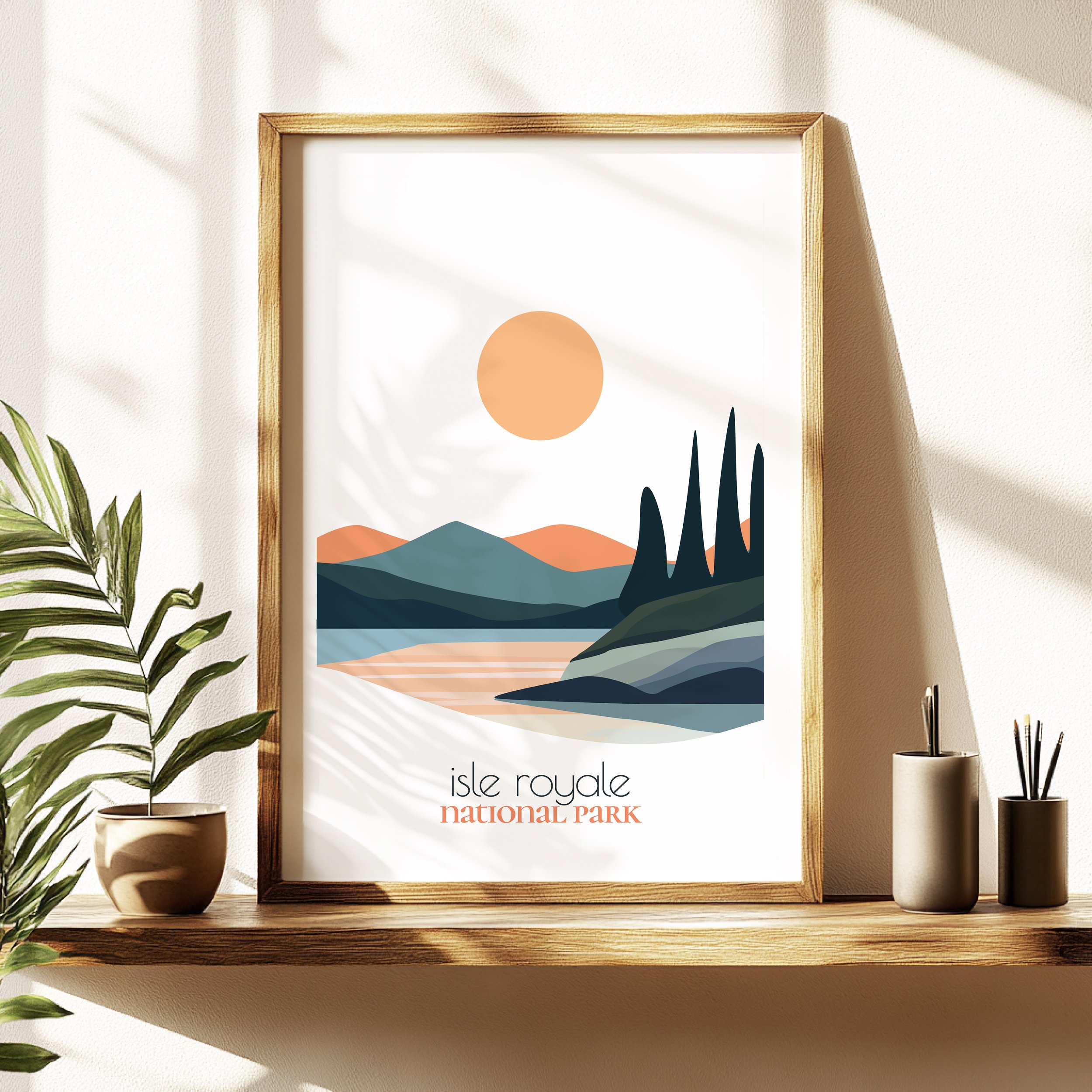 Isle Royale travel poster in a minimalist living room design