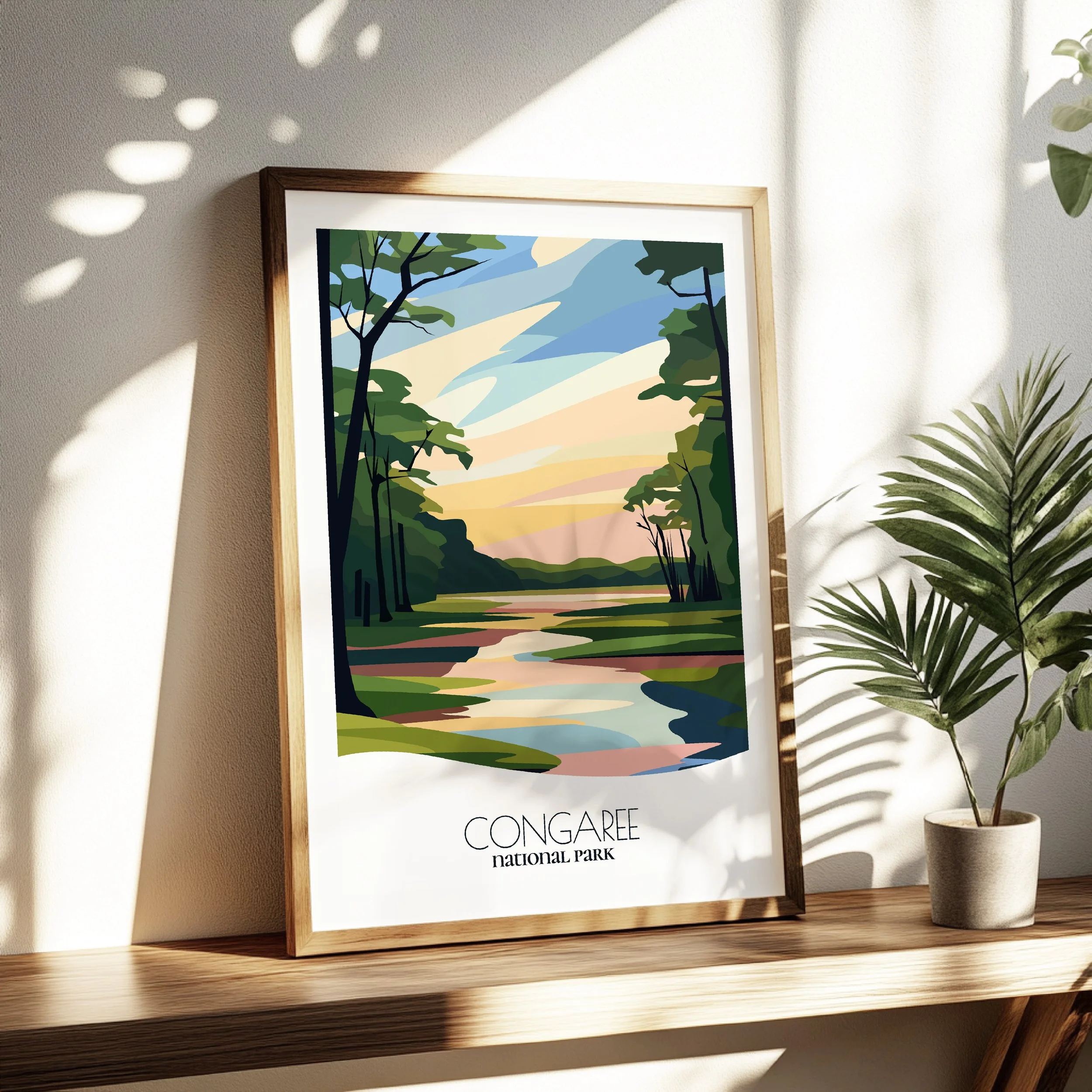 Living room wall decor featuring Congaree National Park in neutral tones for modern interiors.