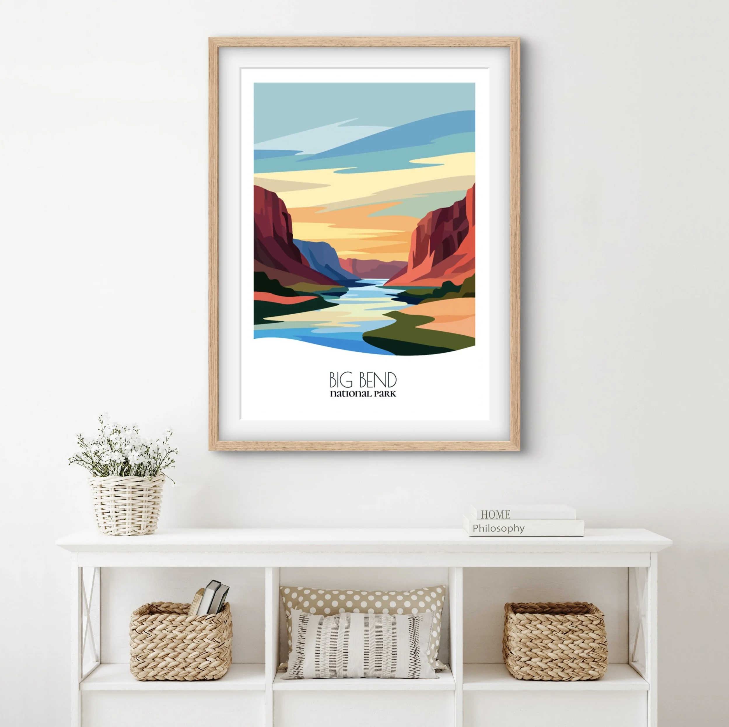 Modern minimalist art of Big Bend National Park, versatile decor for home and office.