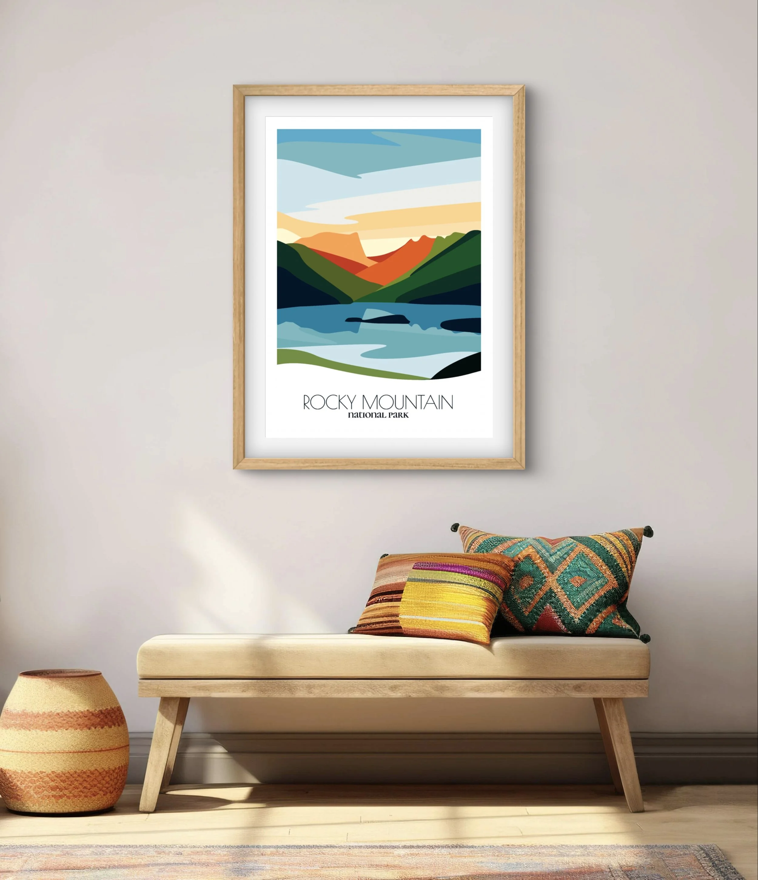 Modern minimalist art of Rocky Mountain National Park, versatile decor for home and office.