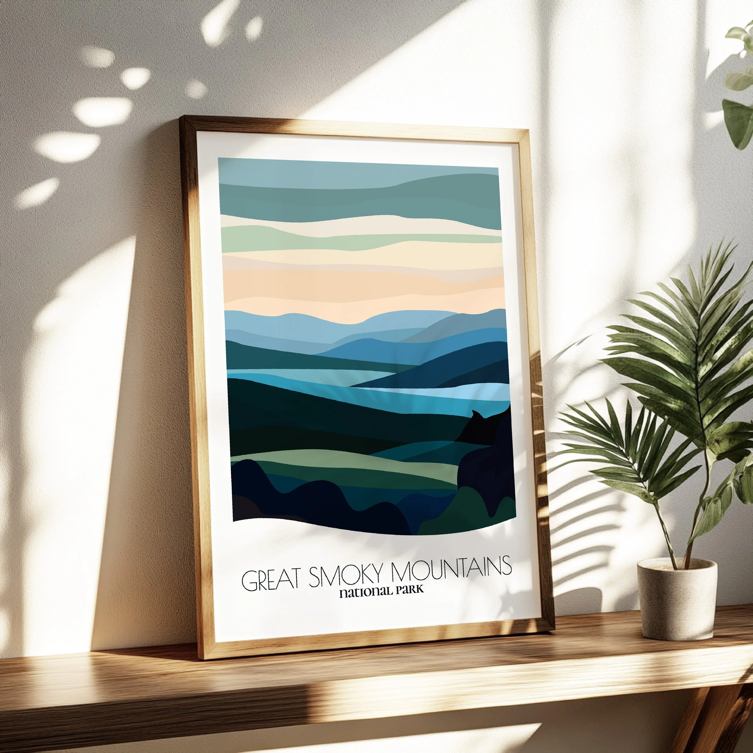 Living room wall decor featuring Great Smoky Mountains National Park in neutral tones for modern interiors.