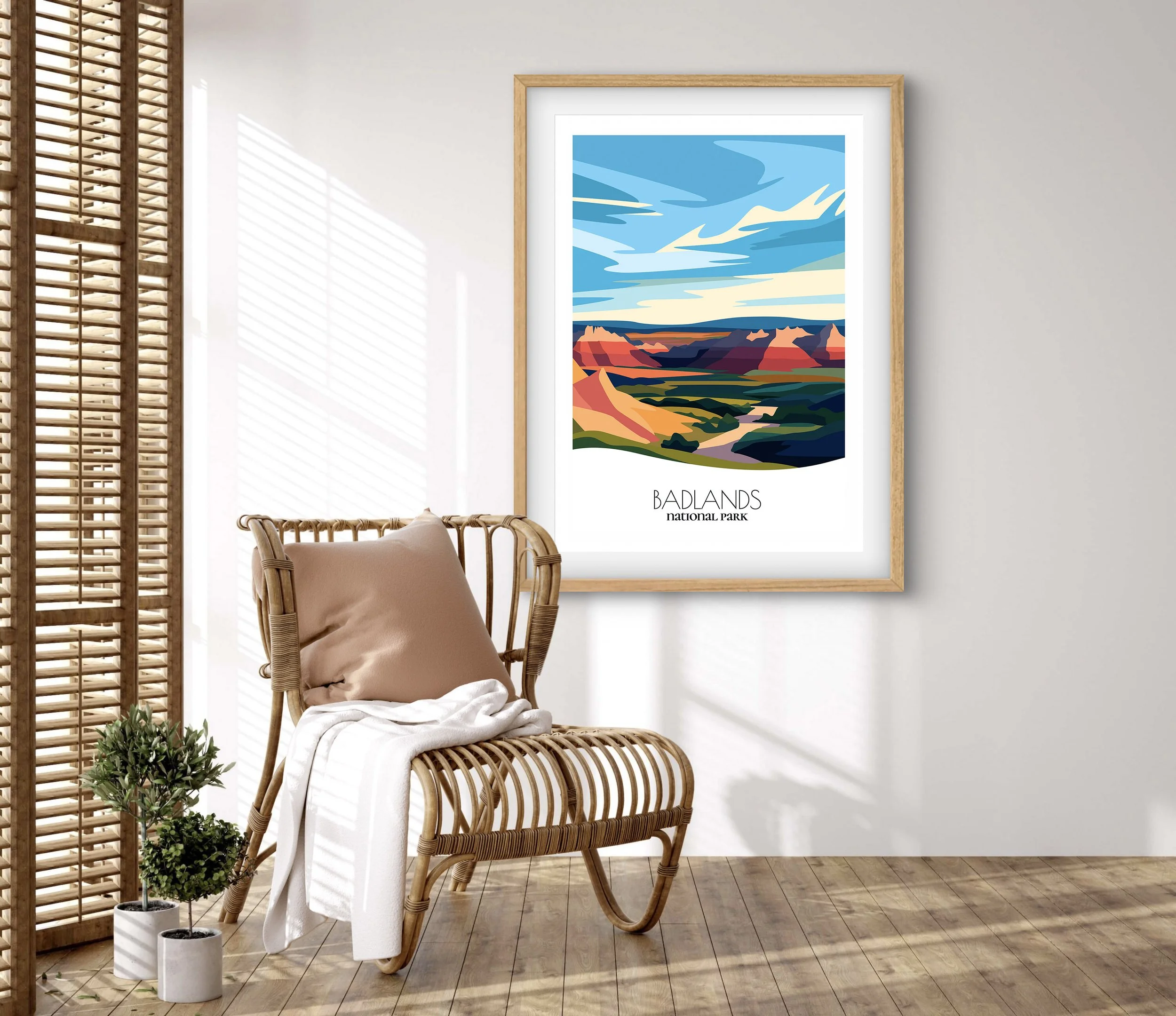Retravell minimalist poster of Badlands, branded travel art for collectors and fans.