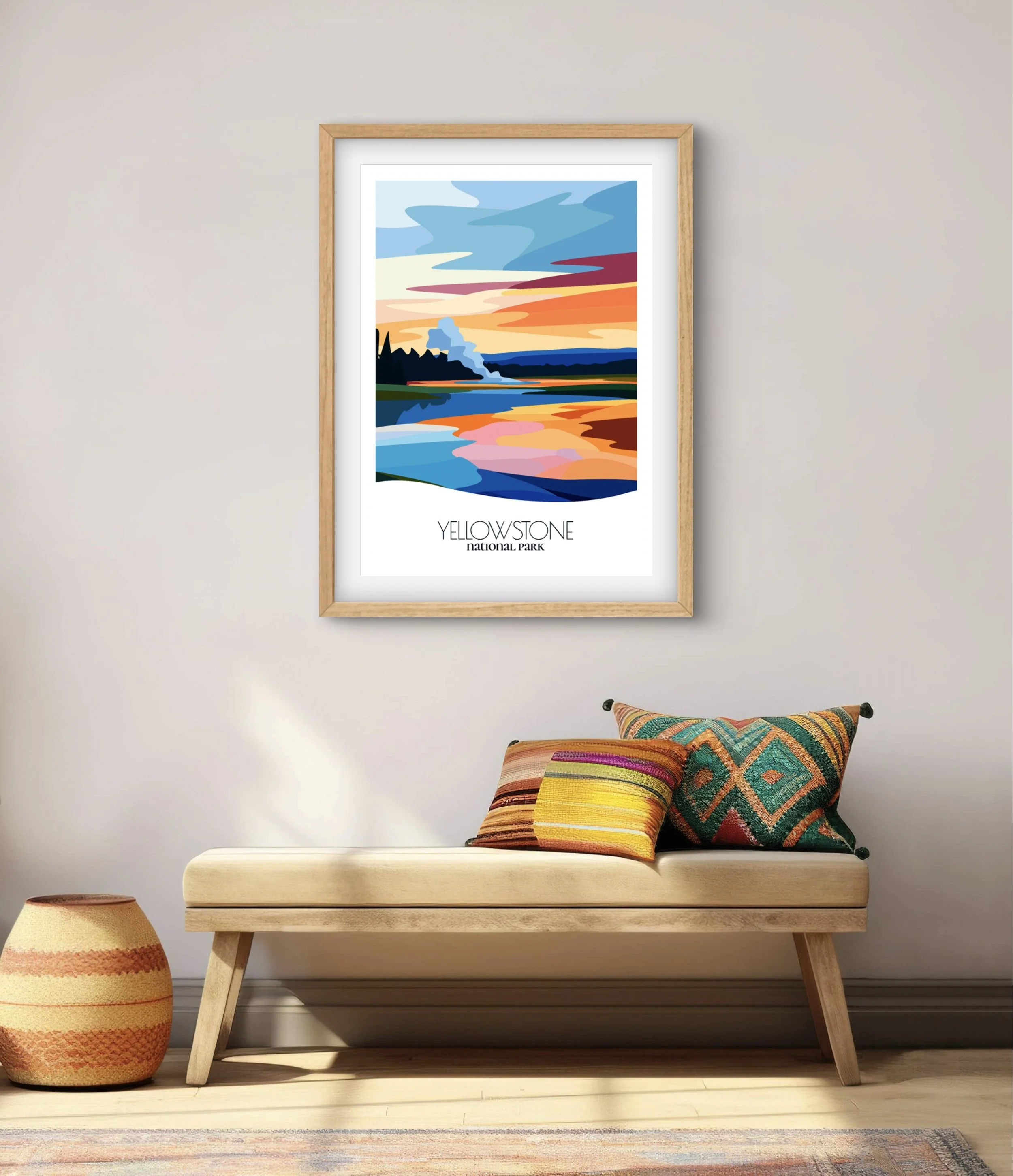 Modern minimalist art of Yellowstone National Park, versatile decor for home and office.