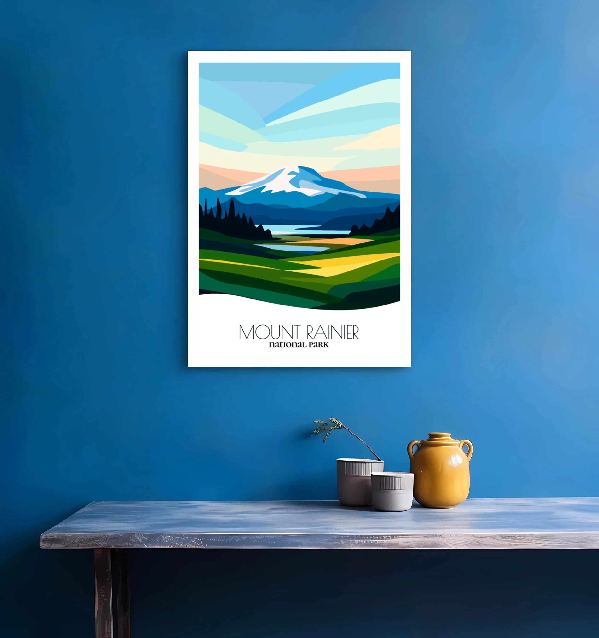 Bedroom print of Mount Rainier National Park with calming minimalist composition for Washington homes.
