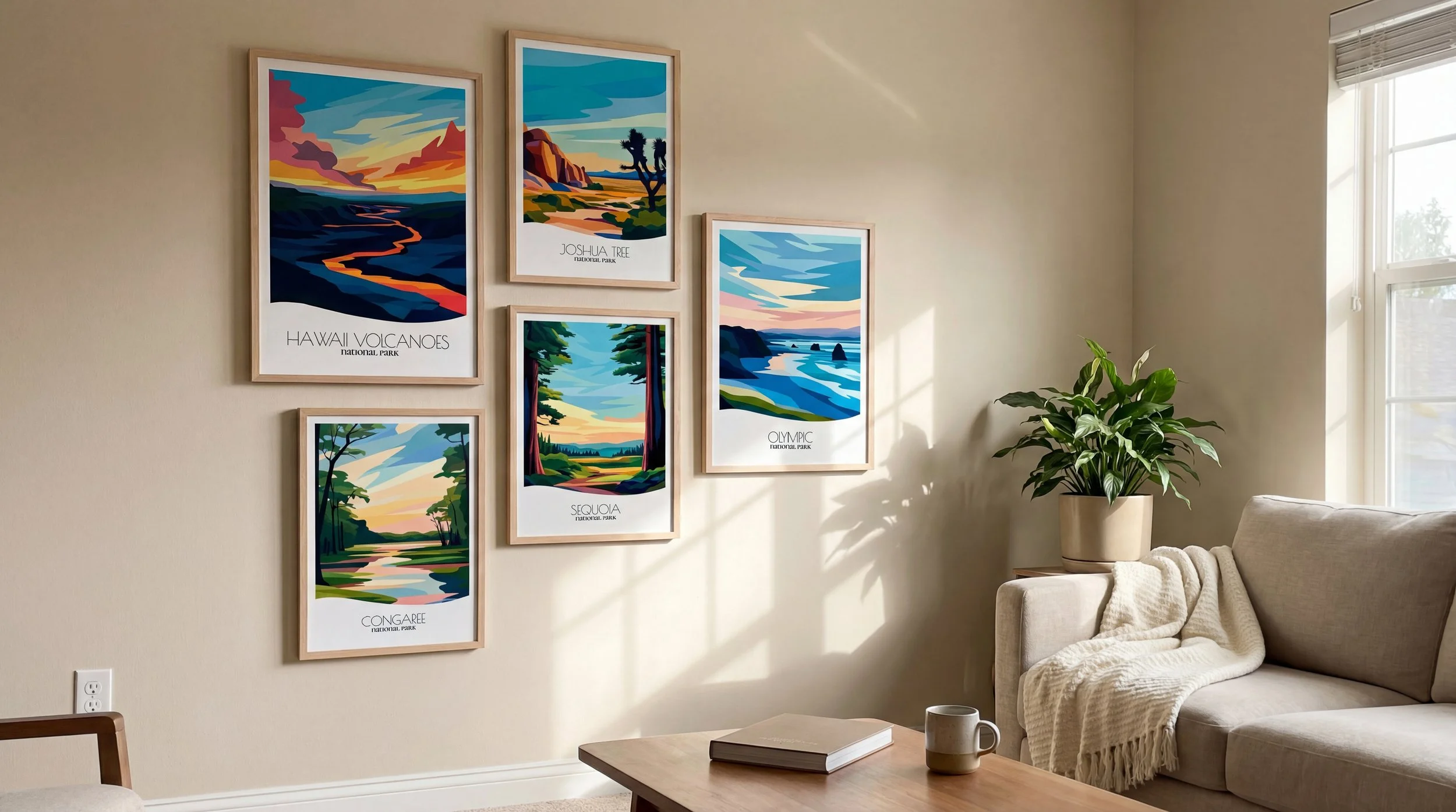 Minimalist abstract Hawaiʻi Volcanoes, Joshua Tree, Olympic, Sequoia and Congaree travel posters in mid century modern living room. Clean bold nature wall art.