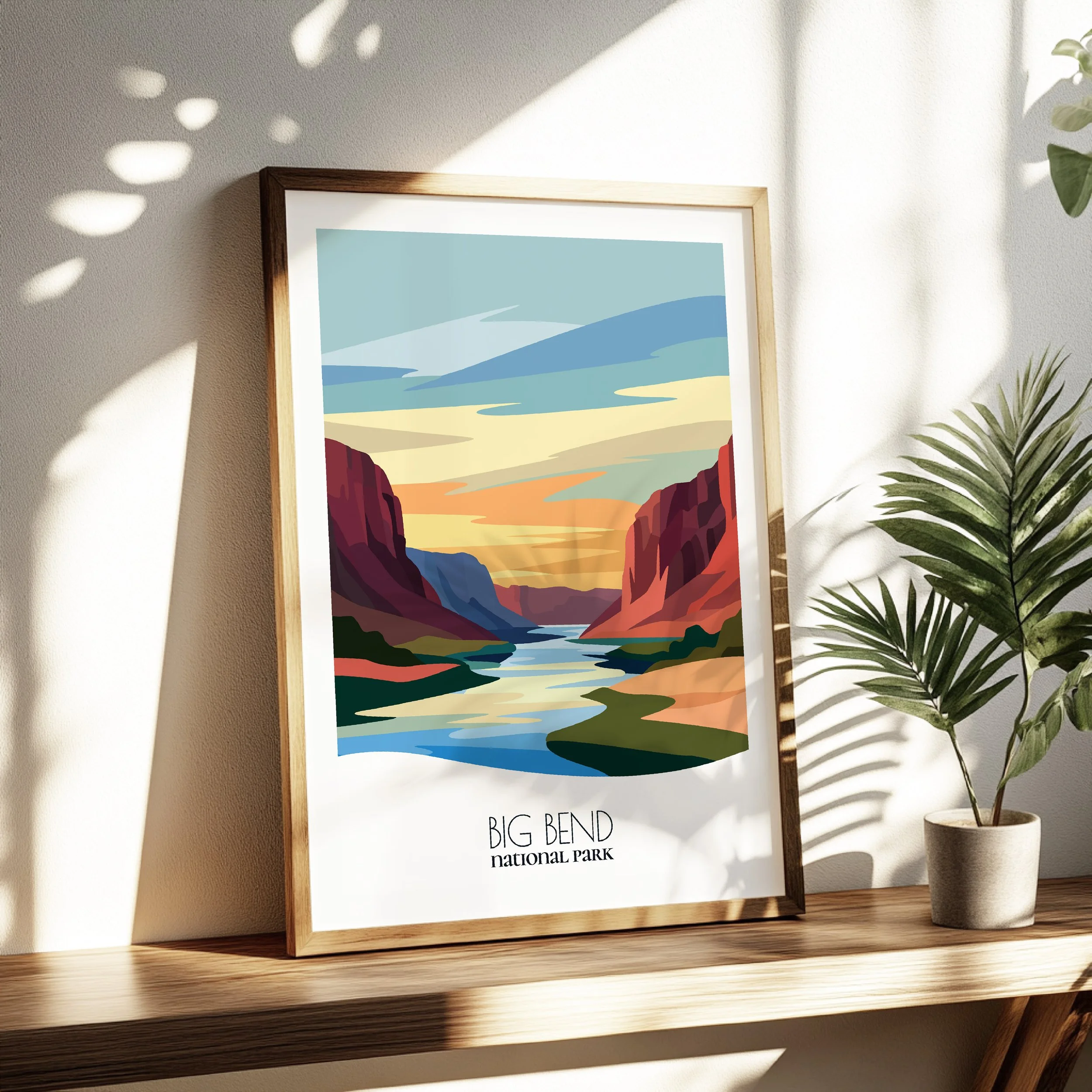Living room wall decor featuring Big Bend National Park in neutral tones for modern interiors.