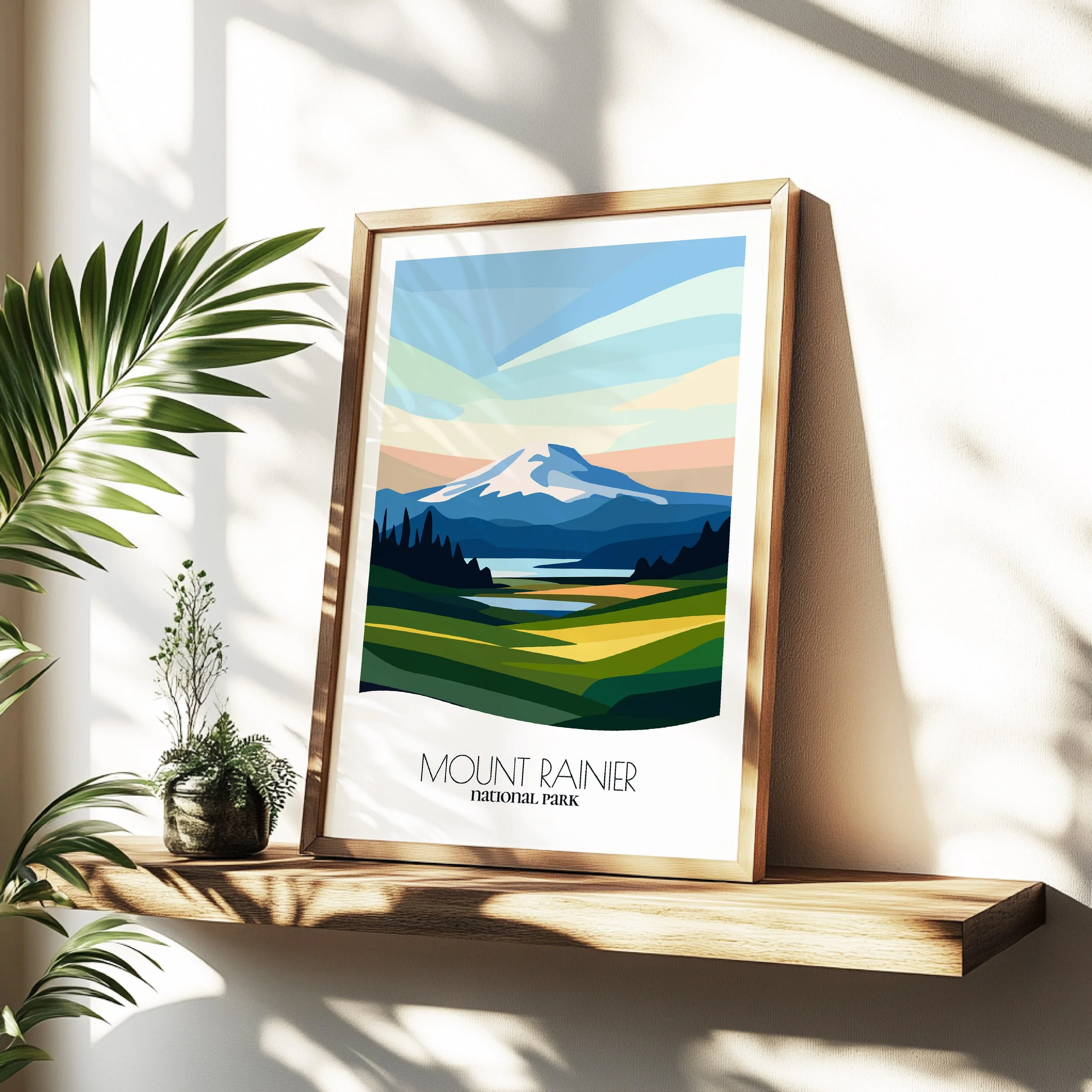 Minimalist travel poster of Mount Rainier National Park with clean modern design for travelers.