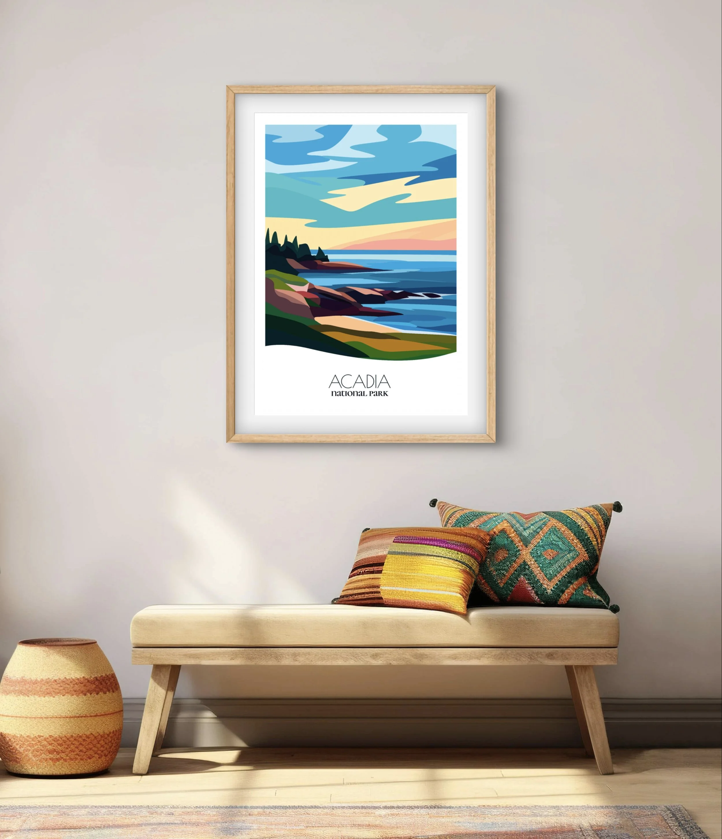Modern minimalist art of Acadia National Park, versatile decor for home and office.