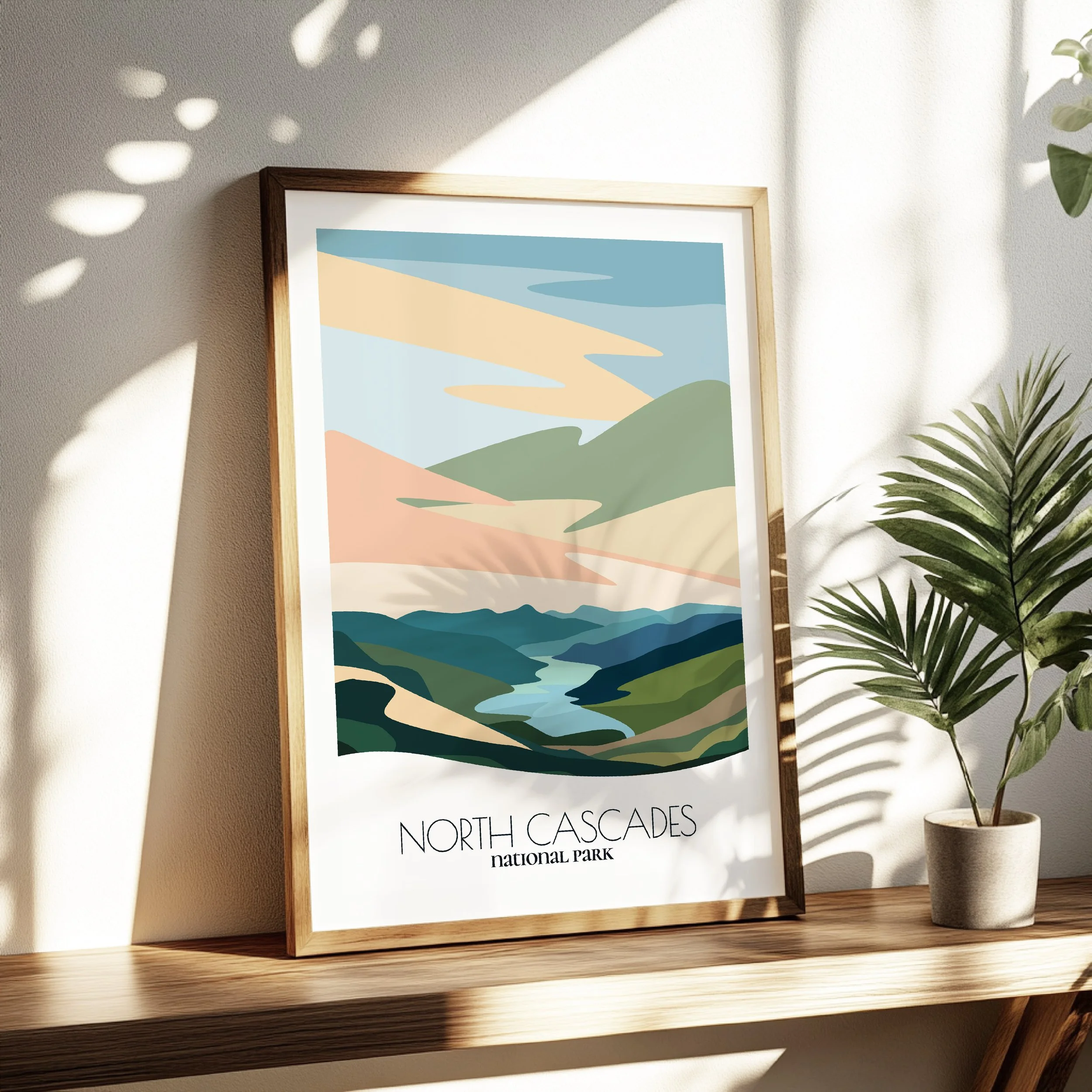 Living room wall decor featuring north cascades in neutral tones for modern interiors.
