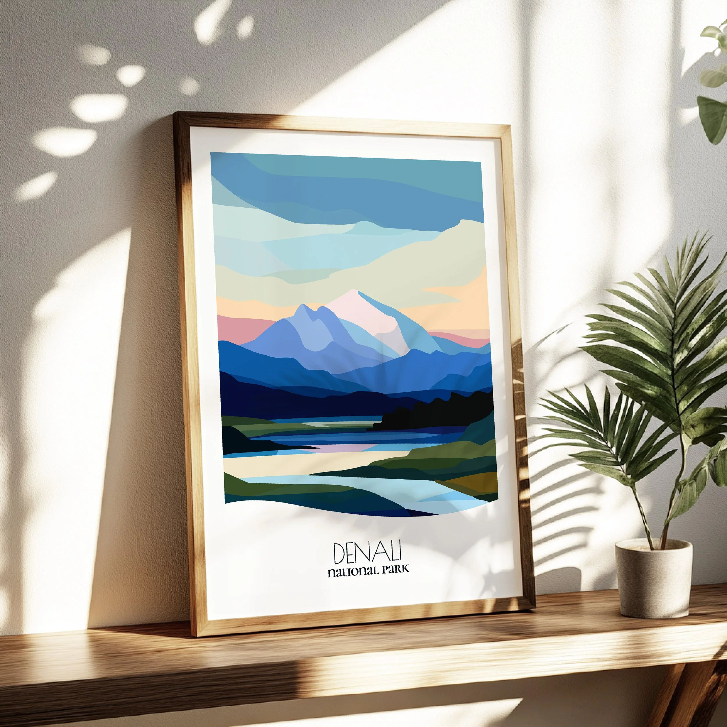 Living room wall decor featuring Denali National Park in neutral tones for modern interiors.