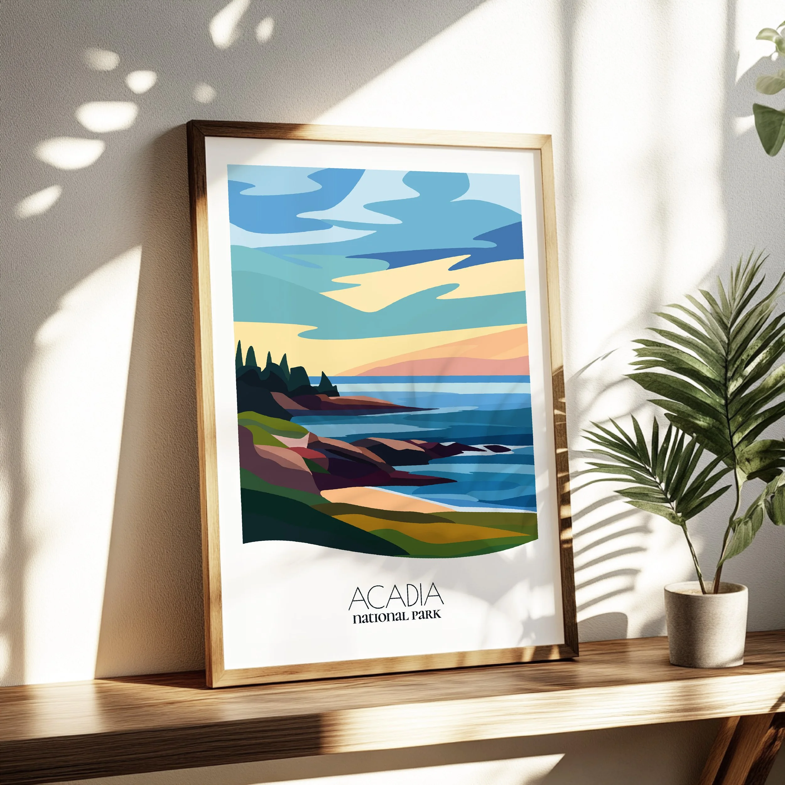 Living room wall decor featuring Acadia National Park in neutral tones for modern interiors.