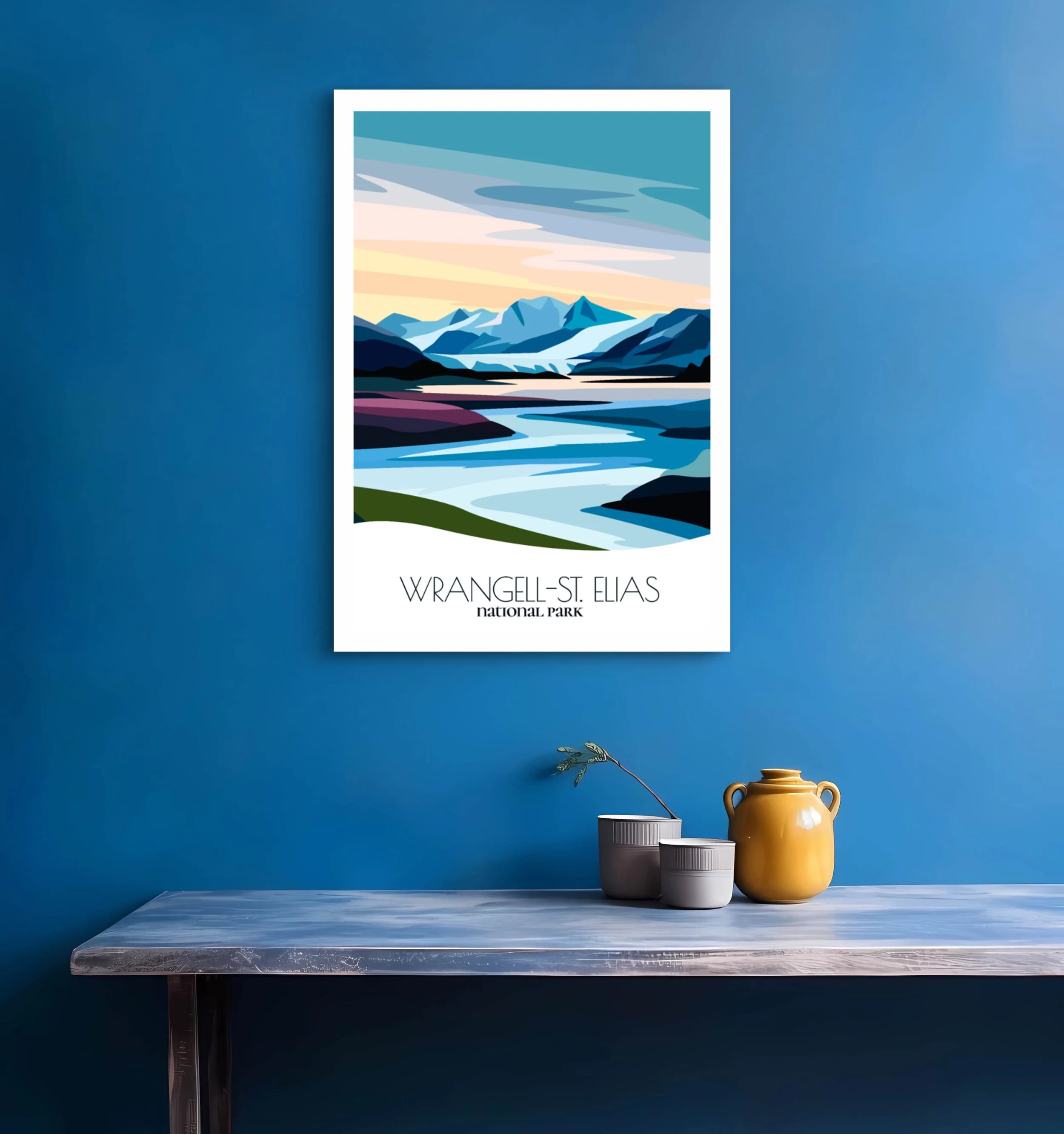 Bedroom print of Wrangell St. Elias National Park and Preserve with calming minimalist composition for Alaska homes.