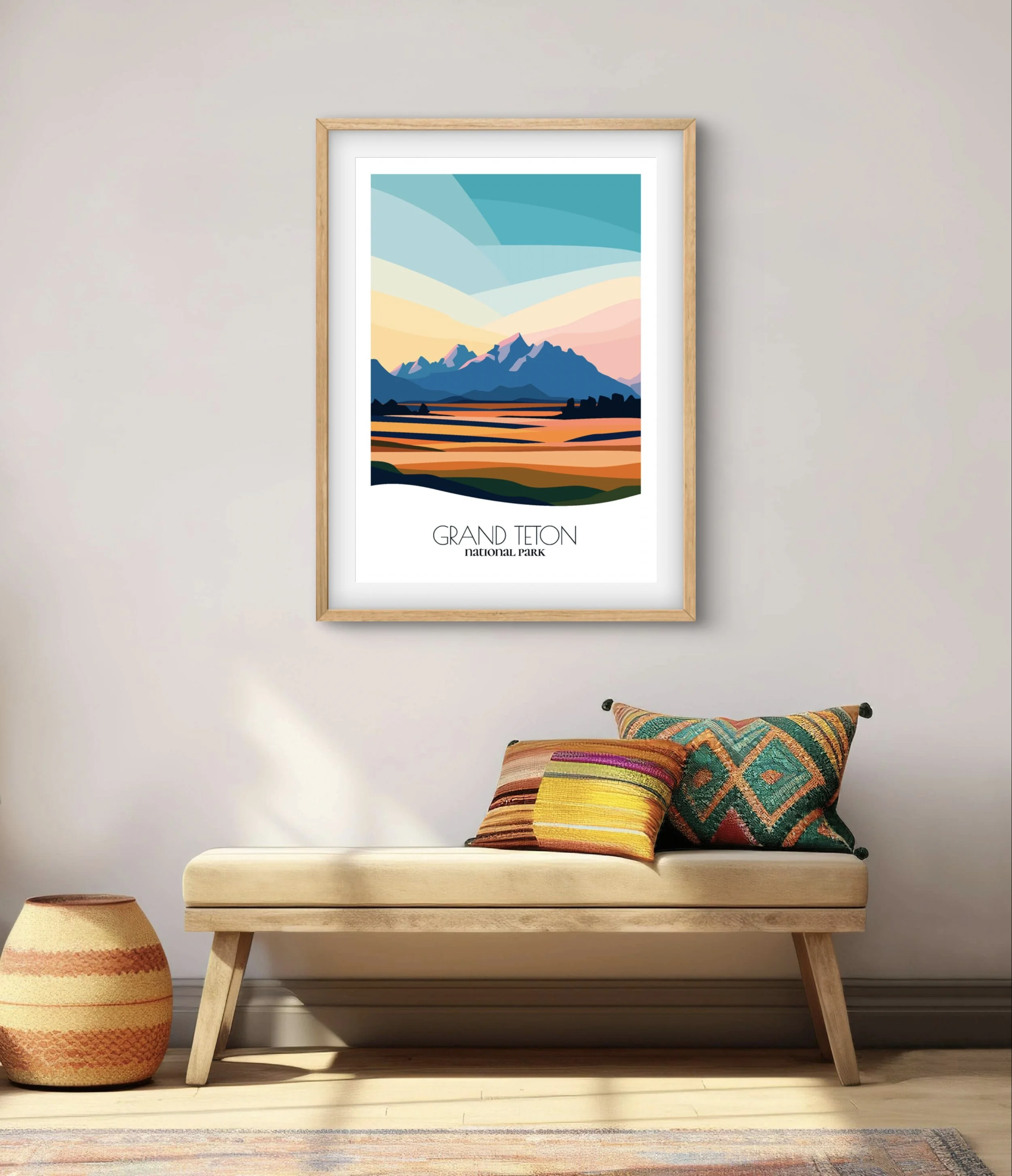 Modern minimalist art of Grand Teton National Park, versatile decor for home and office.