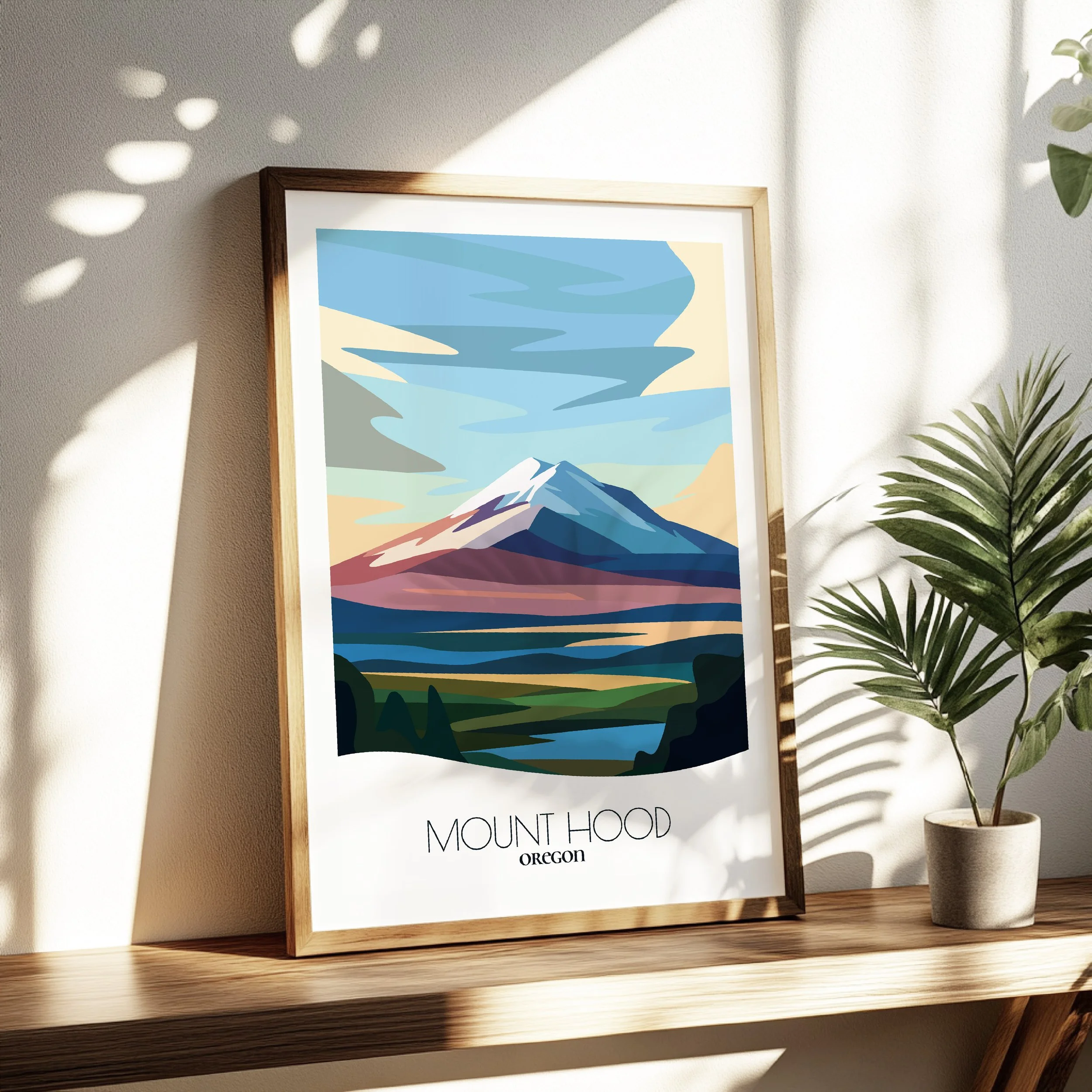 Living room wall decor featuring Mount Hood National Forest in neutral tones for modern interiors.