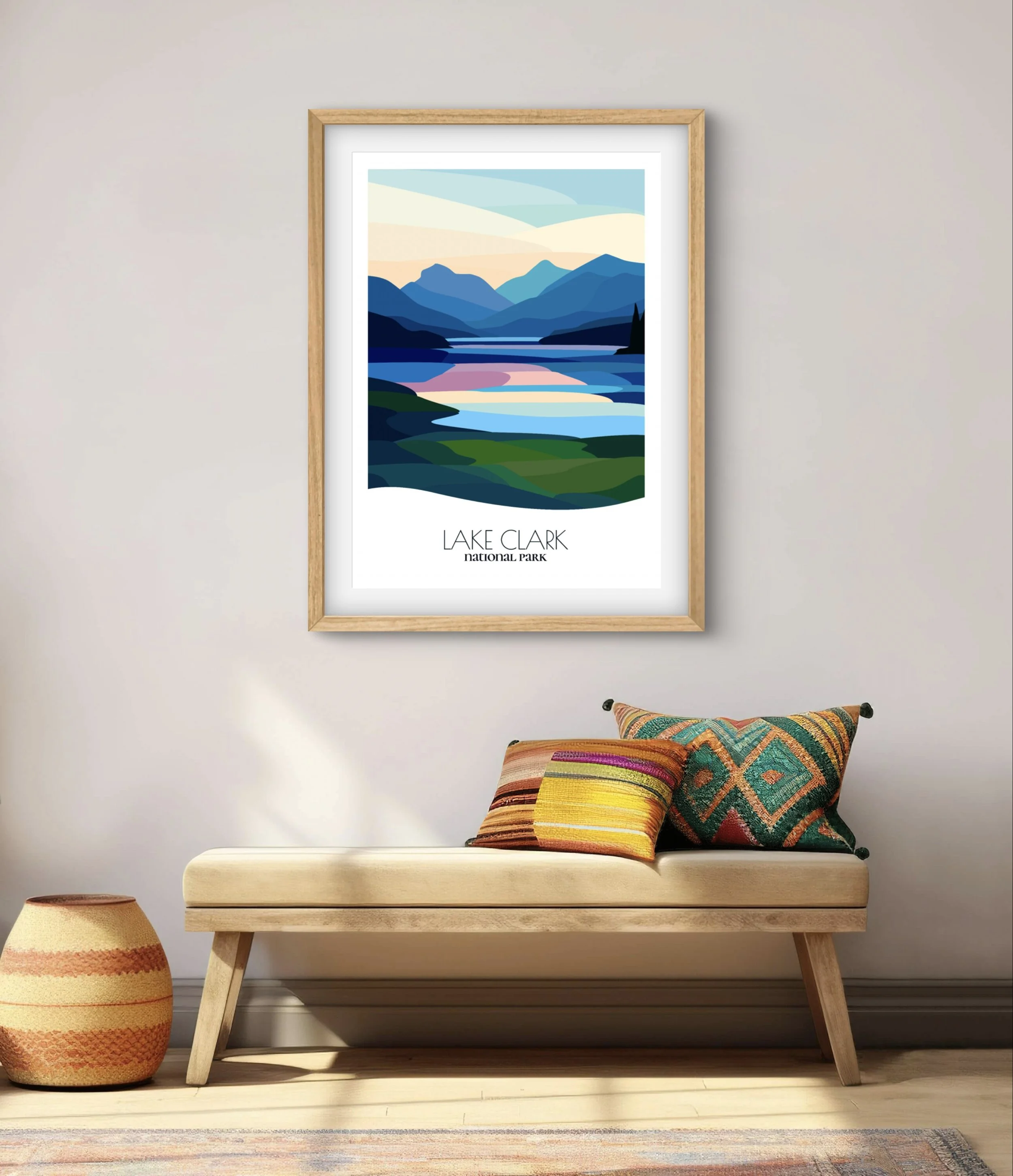 Modern minimalist art of Lake Clark National Park, versatile decor for home and office.