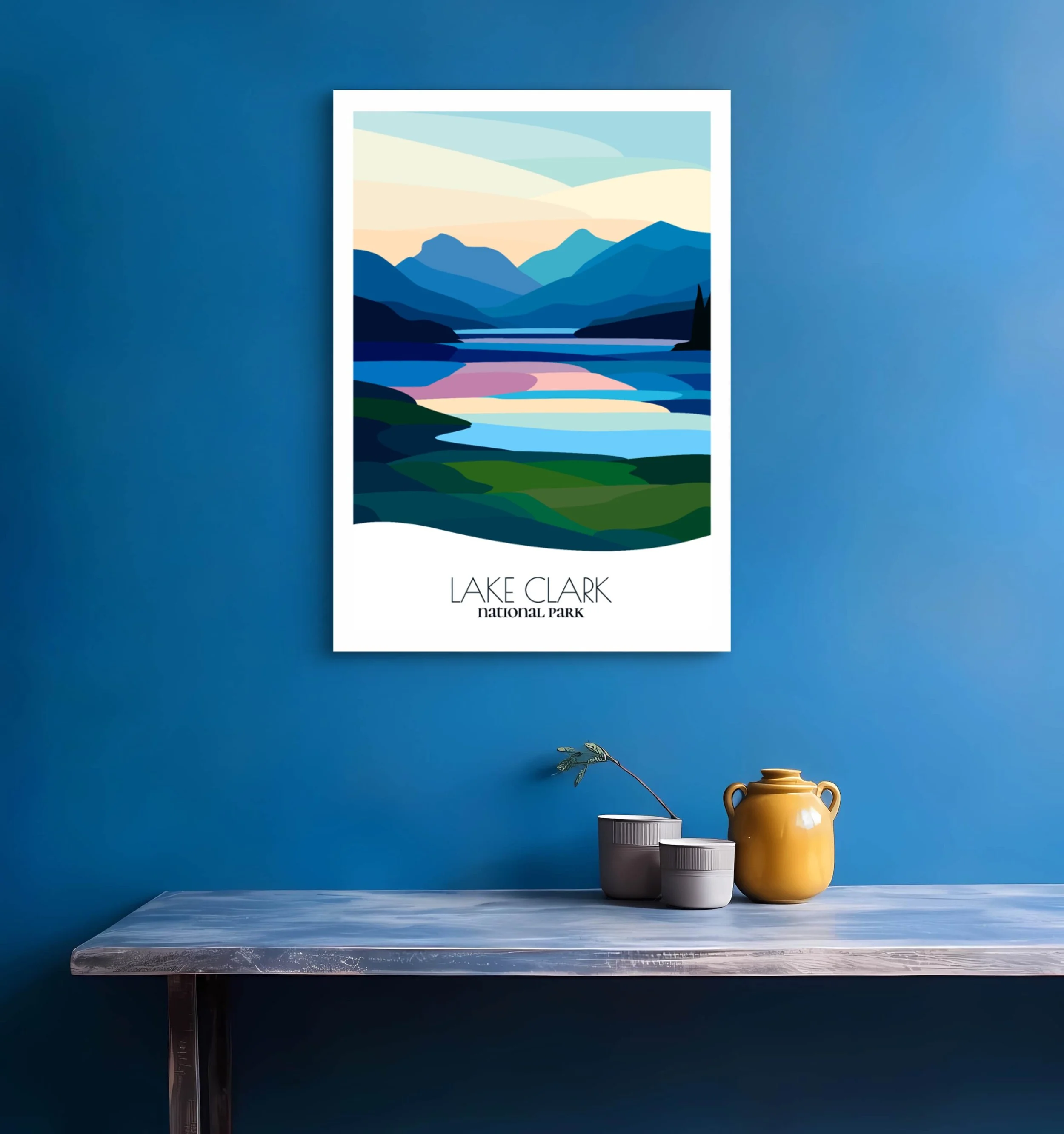 Bedroom print of Lake Clark National Park with calming minimalist composition for Alaska homes.