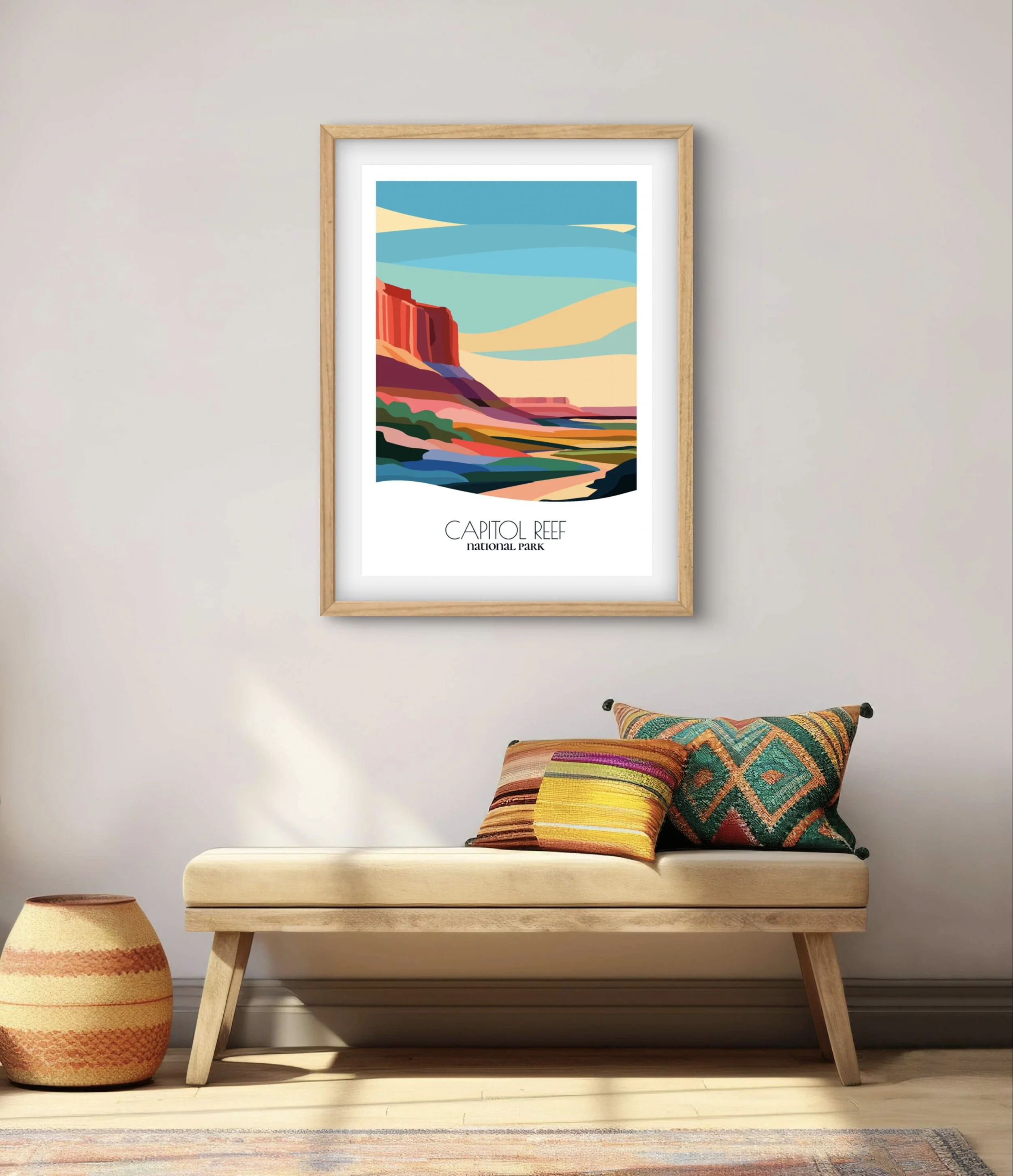 Modern minimalist art of Capitol Reef National Park, versatile decor for home and office.