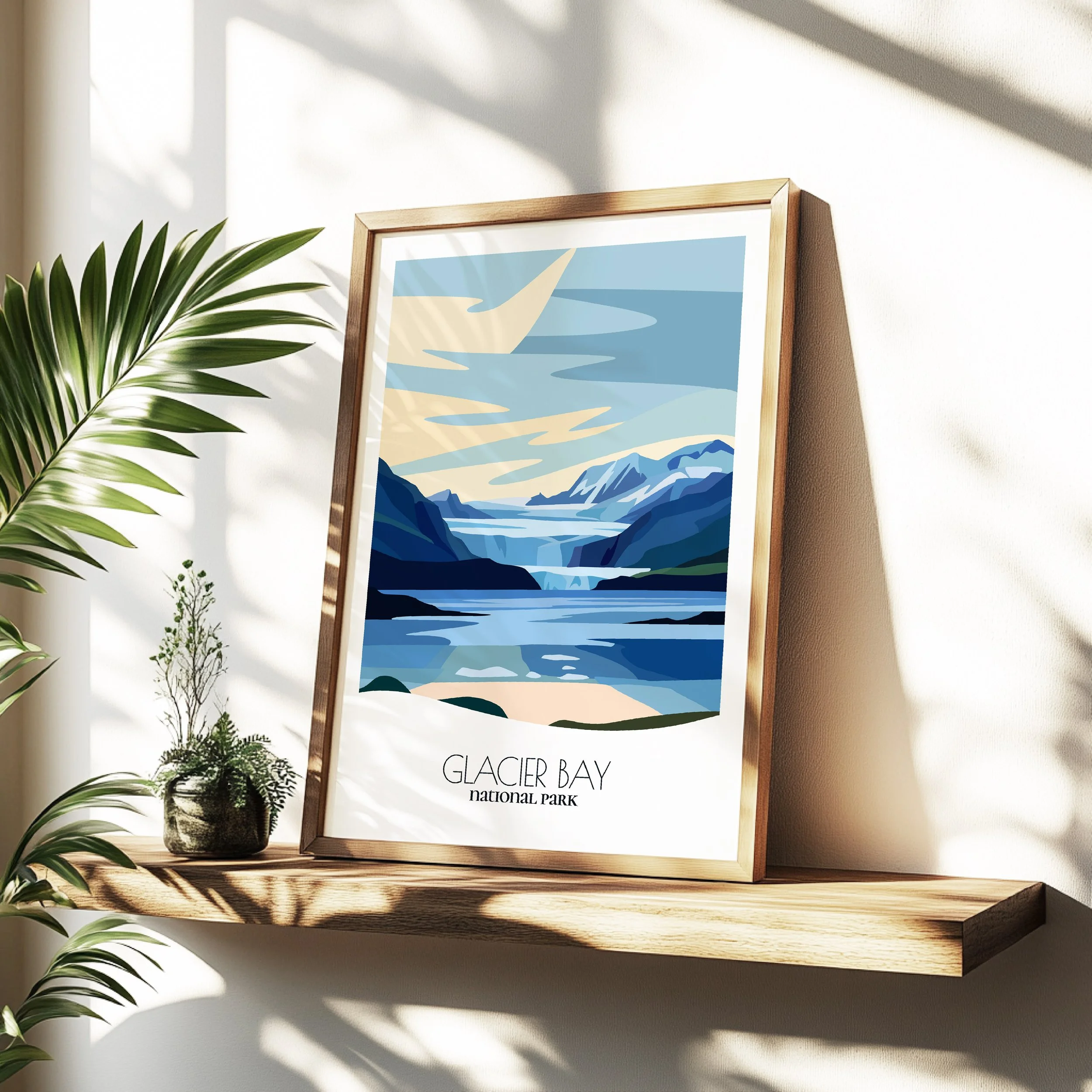 Minimalist travel poster of Glacier Bay National Park with clean modern design for travelers.