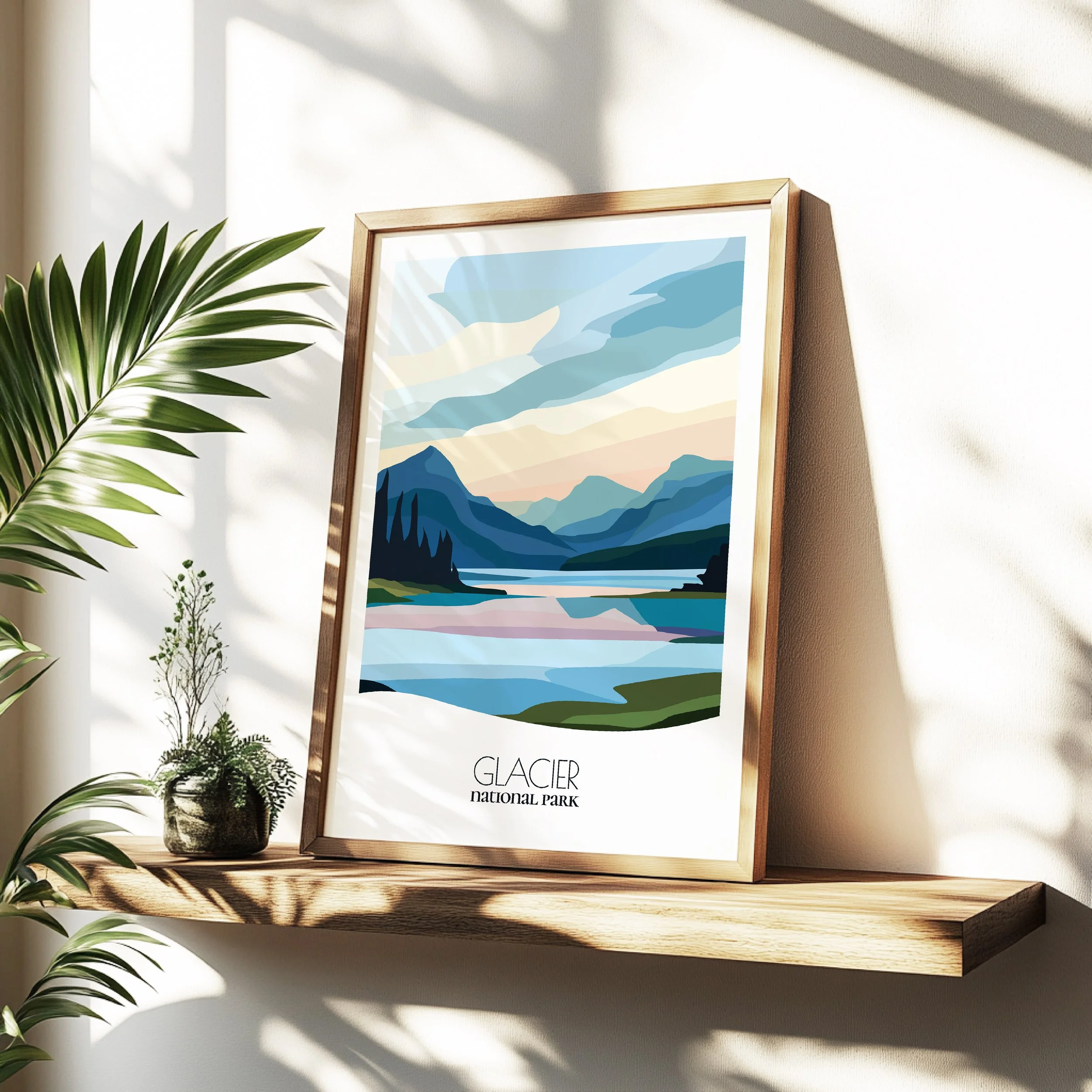 Minimalist travel poster of Glacier National Park with clean modern design for travelers.