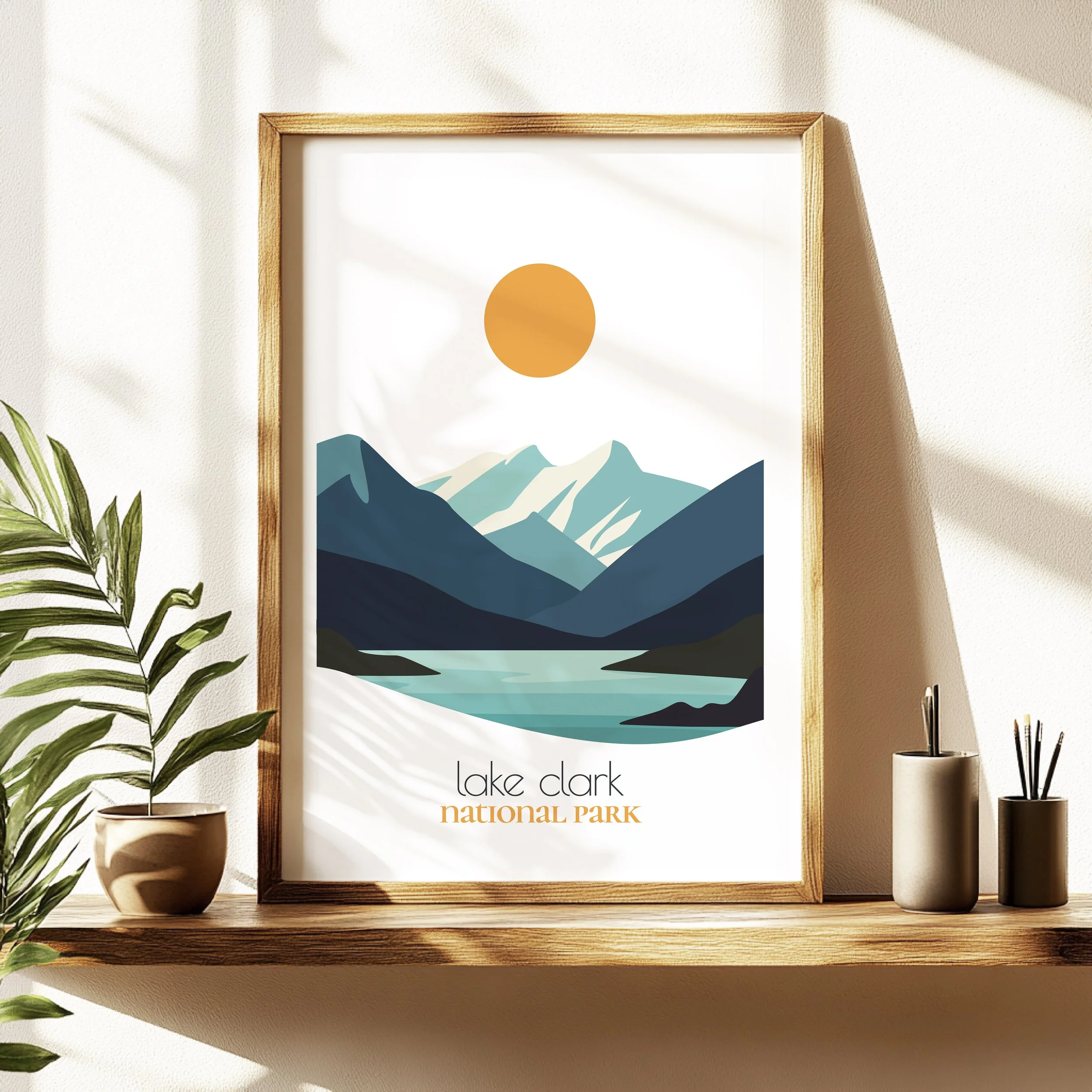 Lake Clark travel poster in a minimalist living room design