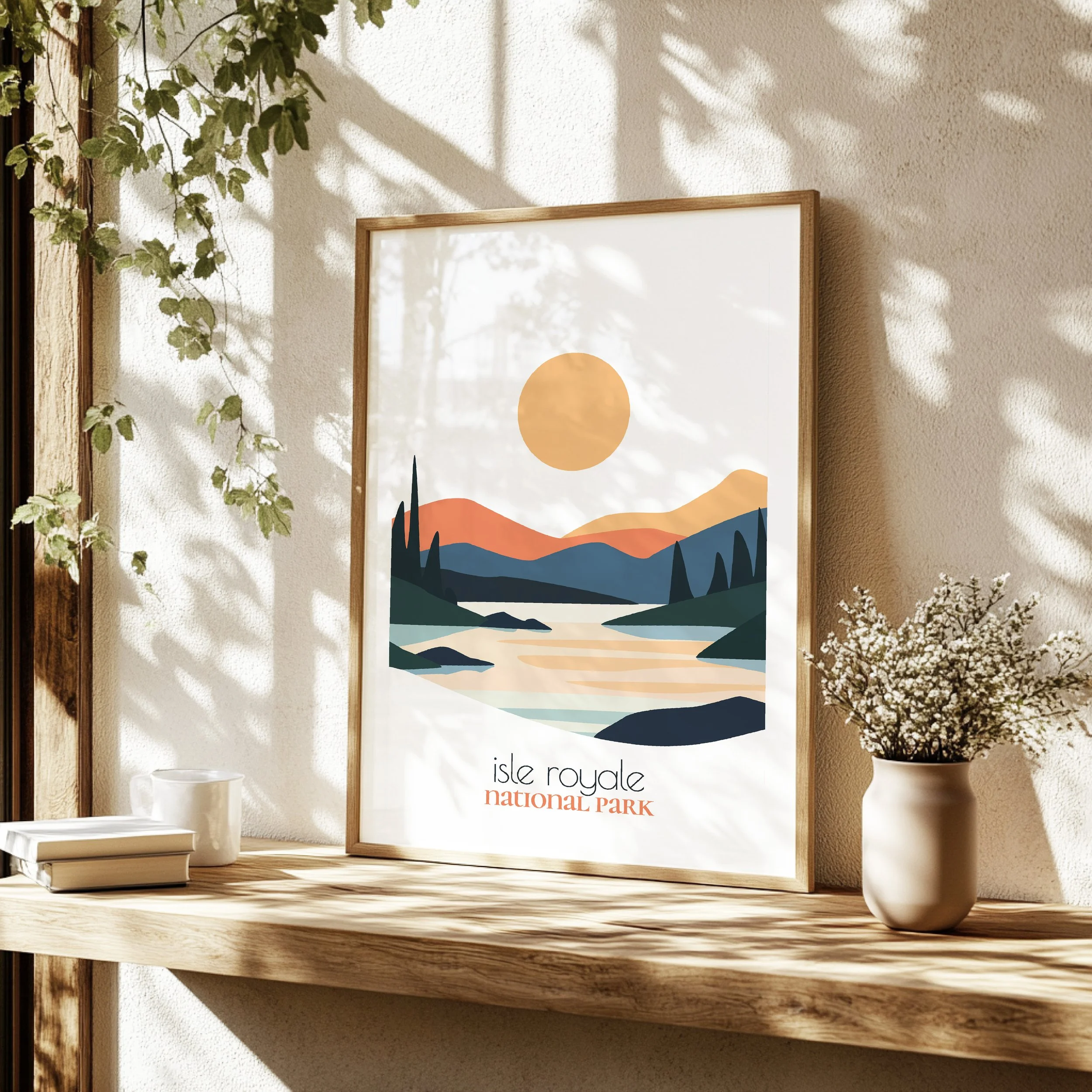 Detailed view of Isle Royale travel print - minimalist flat abstract print quality