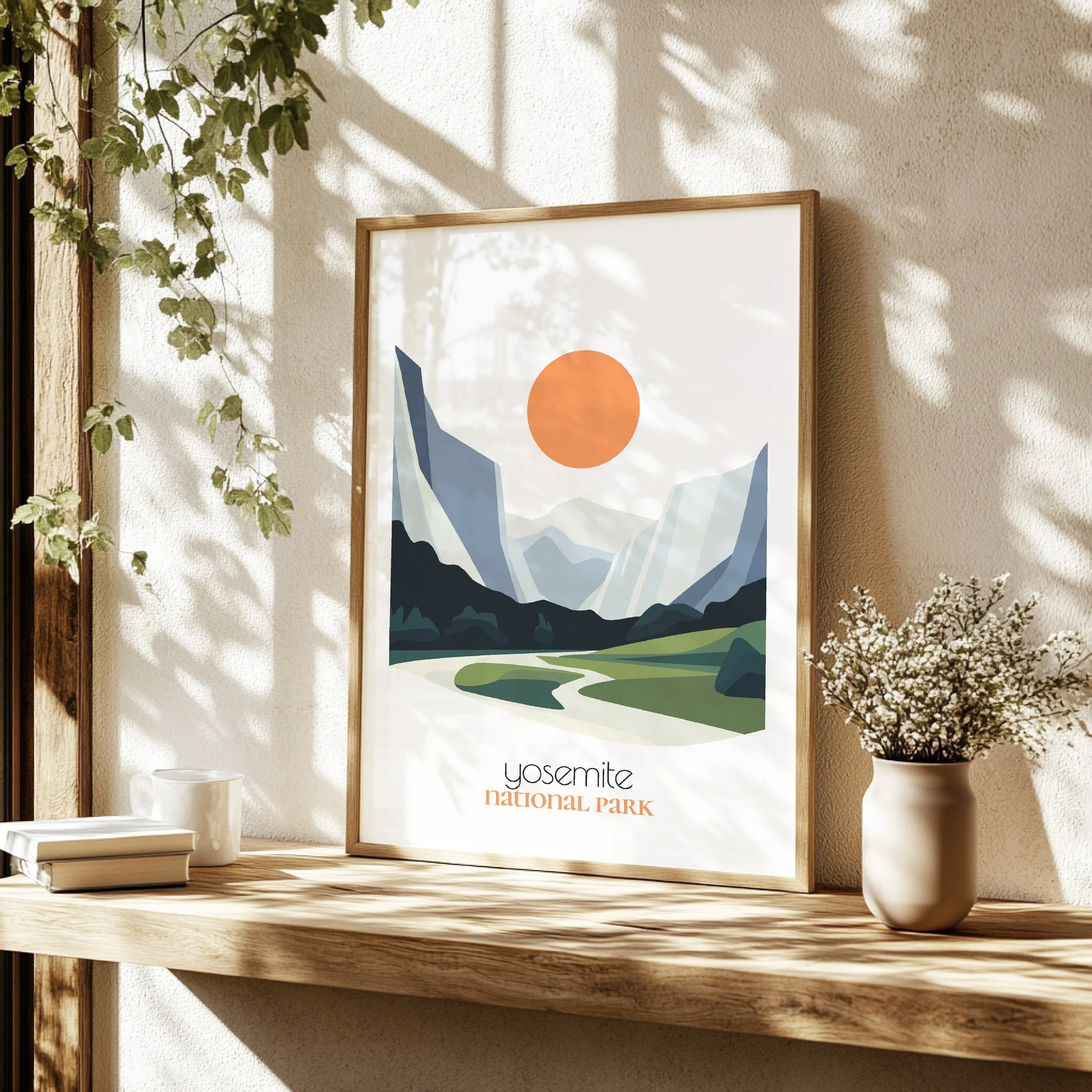 Detailed view of yosemite travel print - minimalist flat abstract print quality