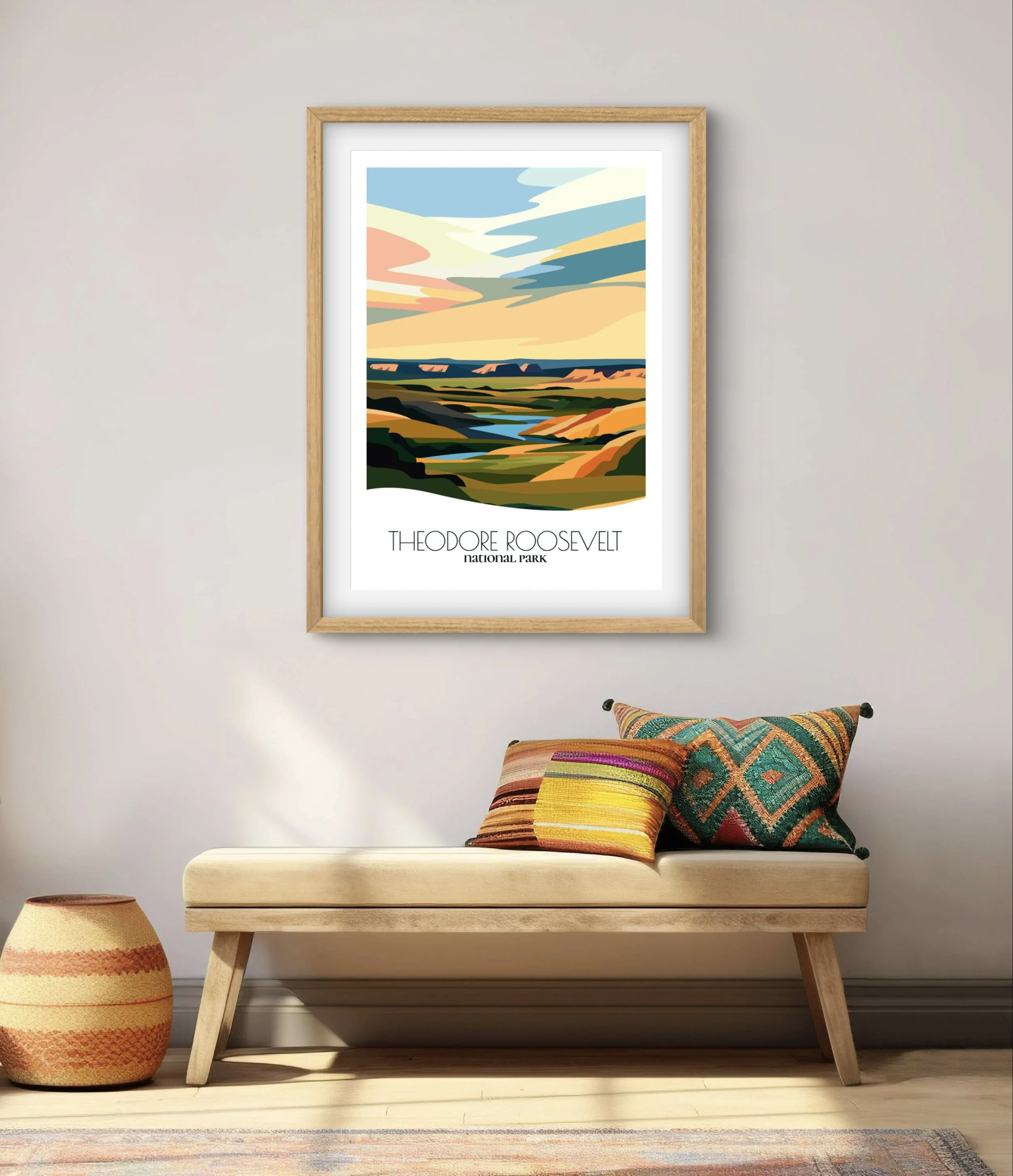 Modern minimalist art of Theodore Roosevelt National Park, versatile decor for home and office.