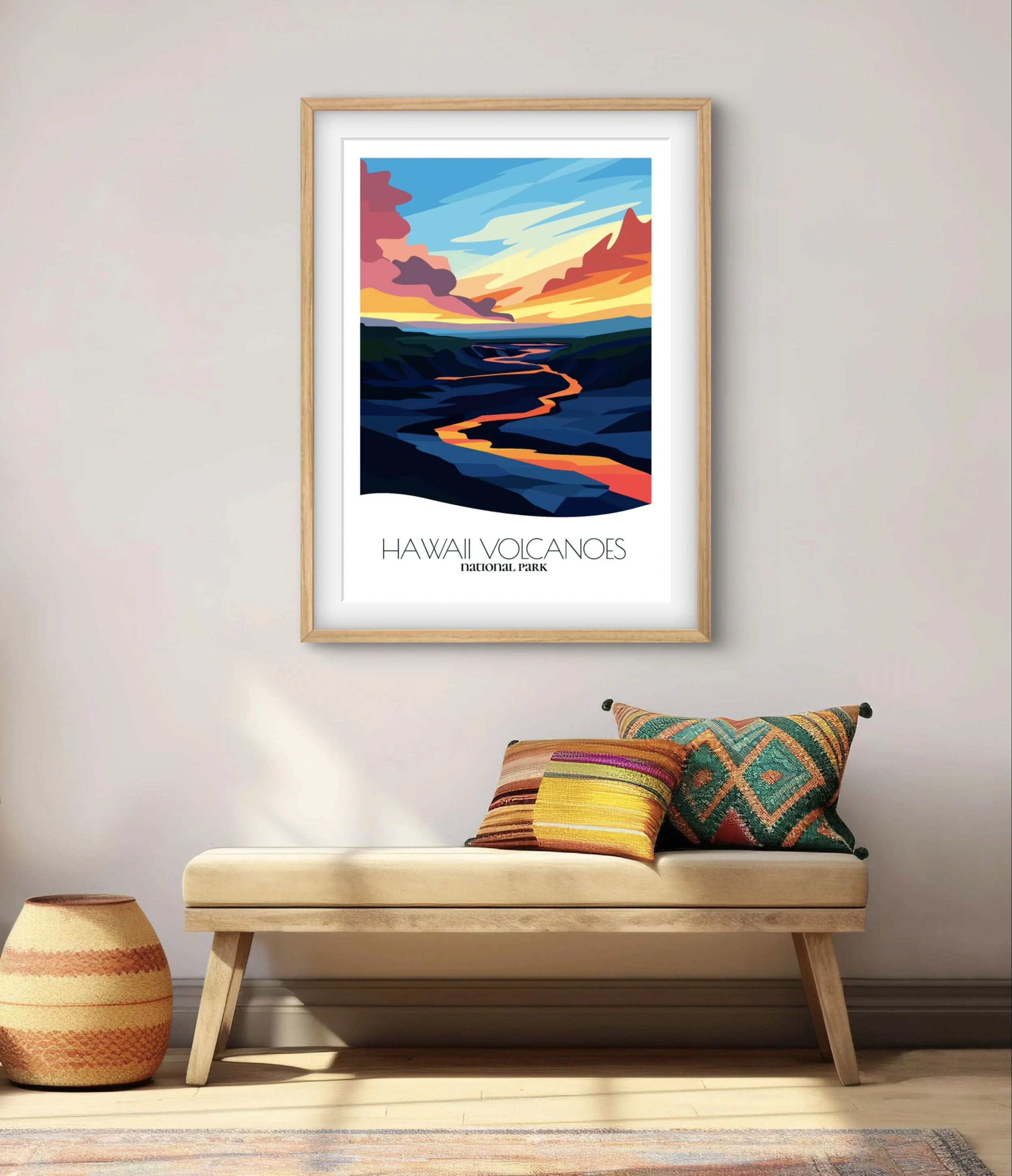 Modern minimalist art of Hawai'i Volcanoes, versatile decor for home and office.