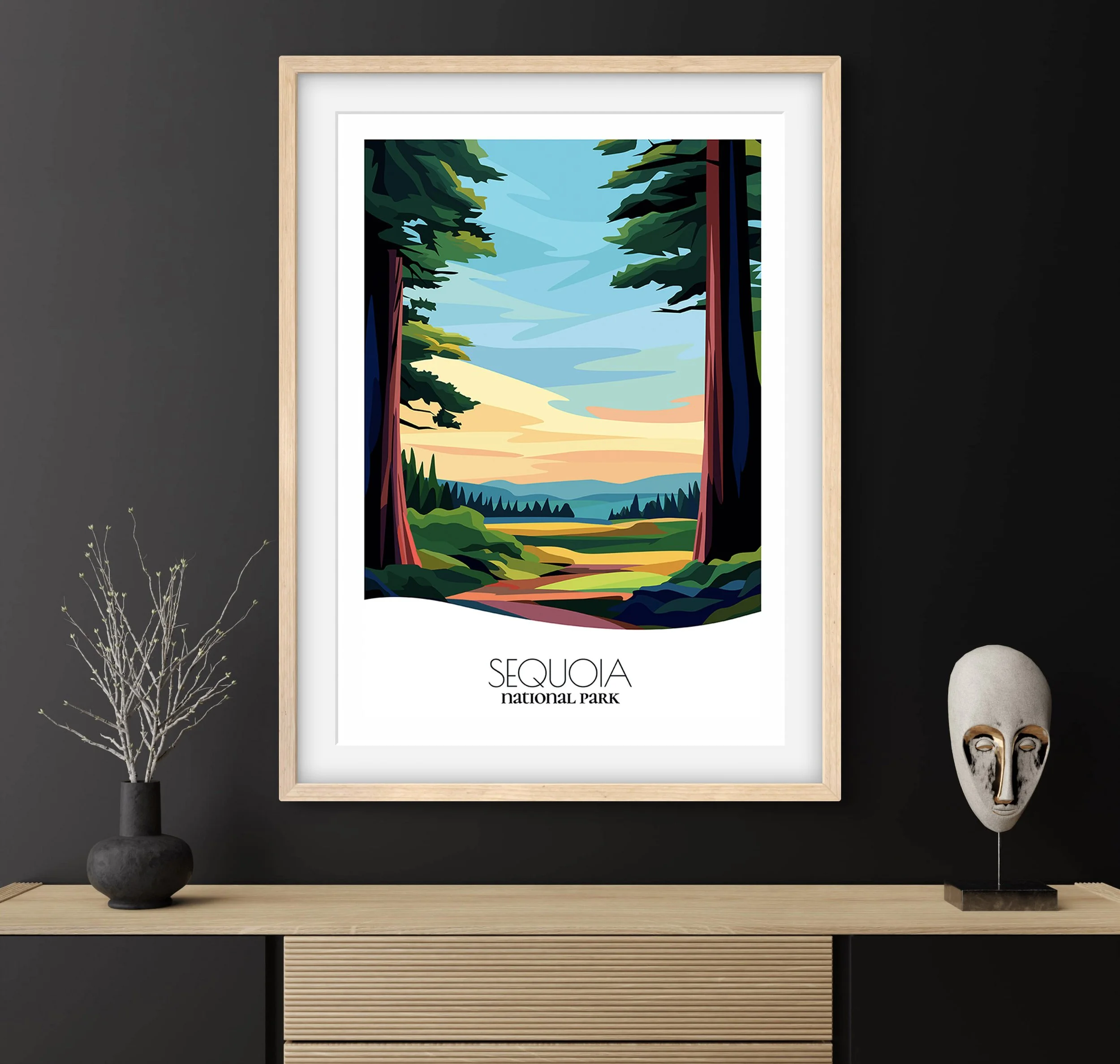 Bedroom print of Sequoia with calming minimalist composition for California homes.