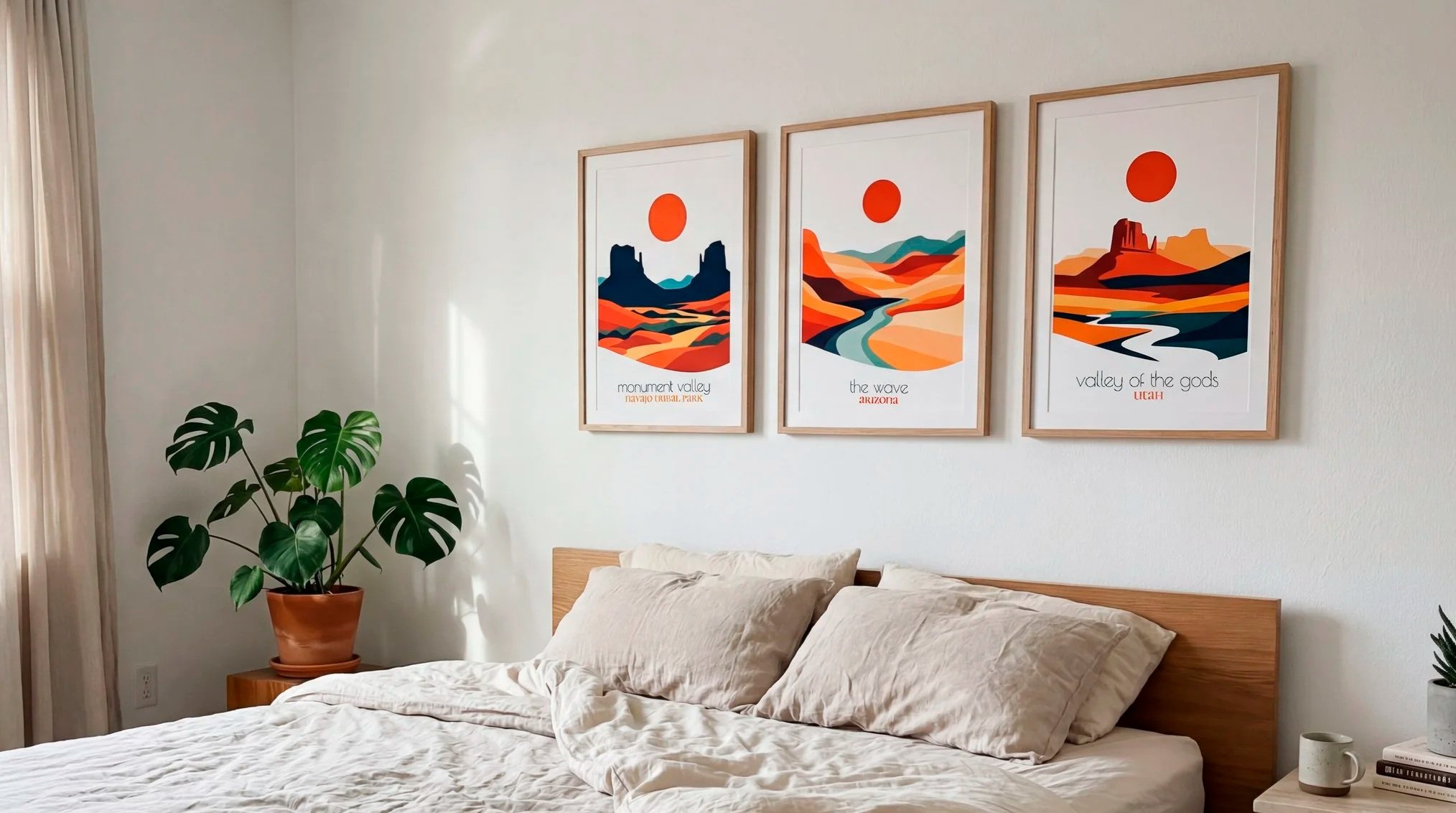 A bedroom with a neatly made bed with beige pillows and sheets, a large green monstera plant on a wooden side table to the left, and three colorful framed landscape art prints of desert scenes with orange suns hanging on the white wall above the bed.