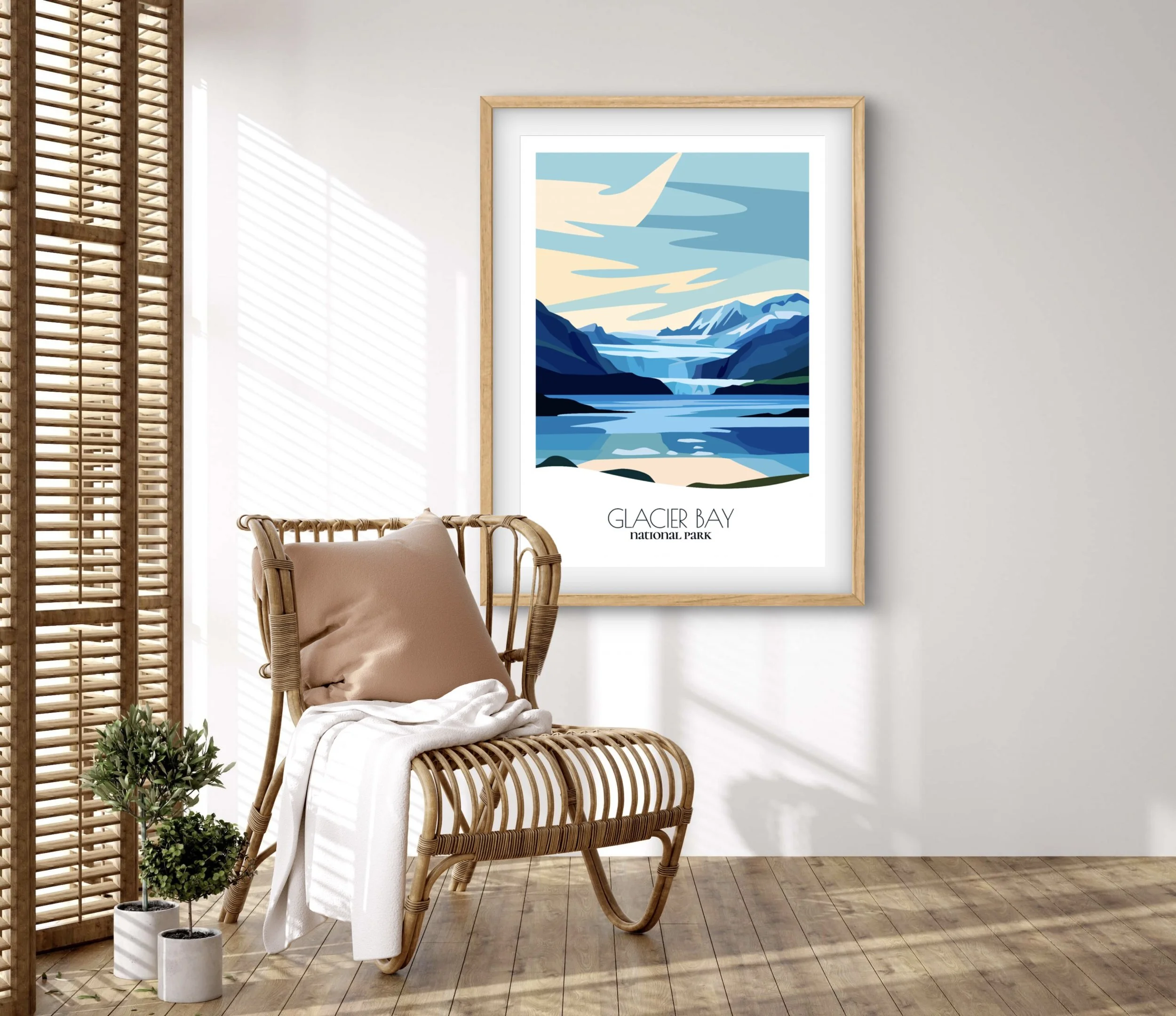 Retravell minimalist poster of Glacier Bay National Park, branded travel art for collectors and fans.